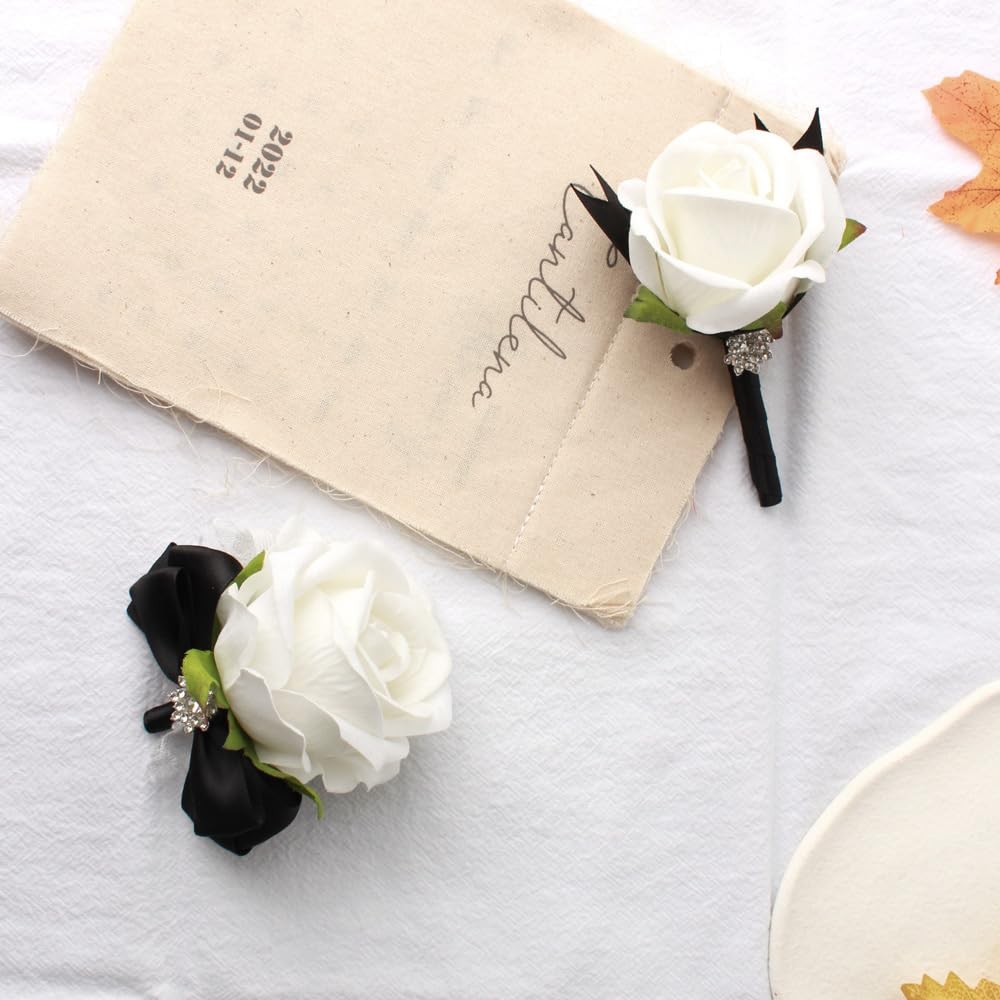 2 PCS Black White Wrist Corsage Rose Boutonniere Set Bride Groom Prom Wedding