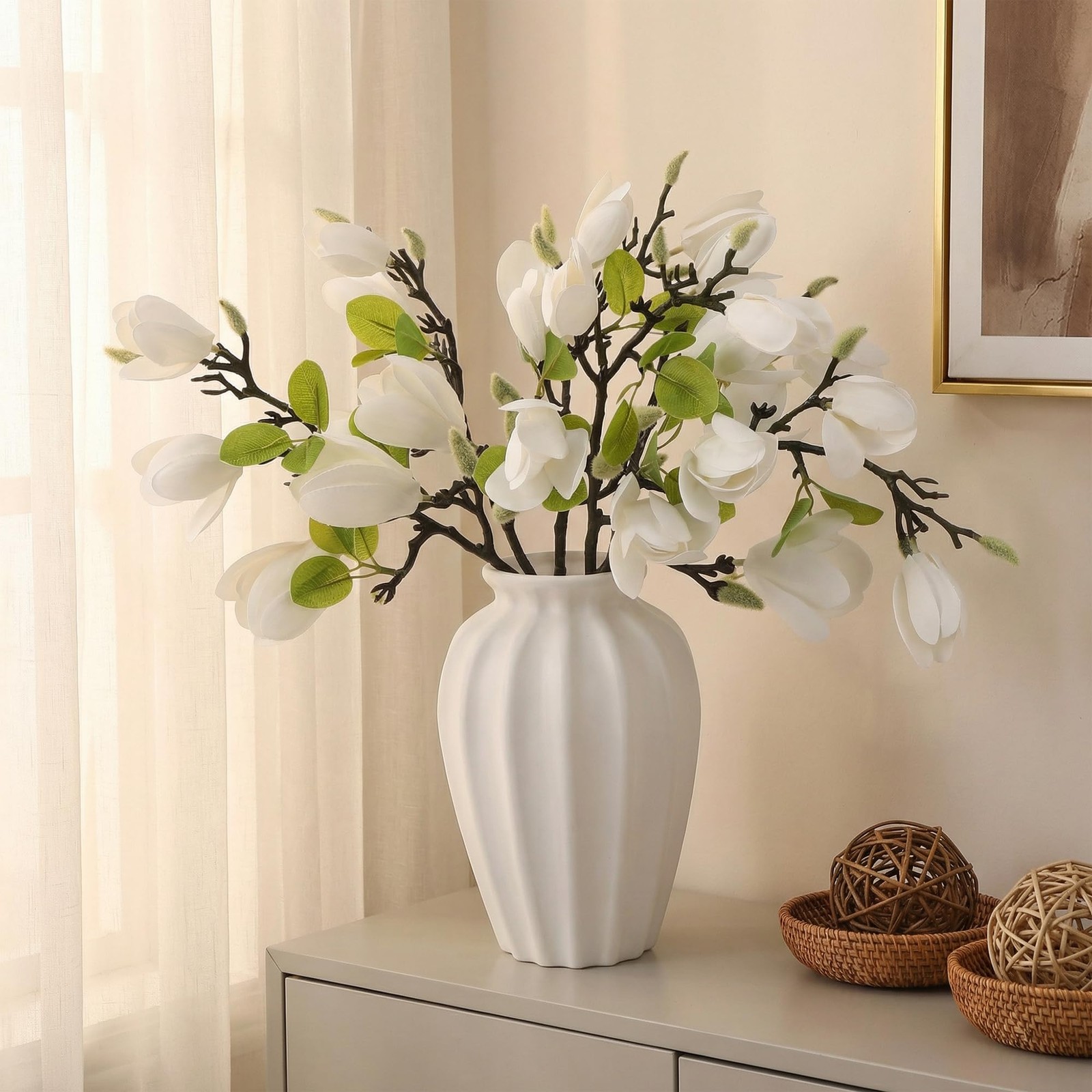 6 PCS Artificial Magnolia Flowers Stems 19.1 Inch Fake White Flora Branches R…
