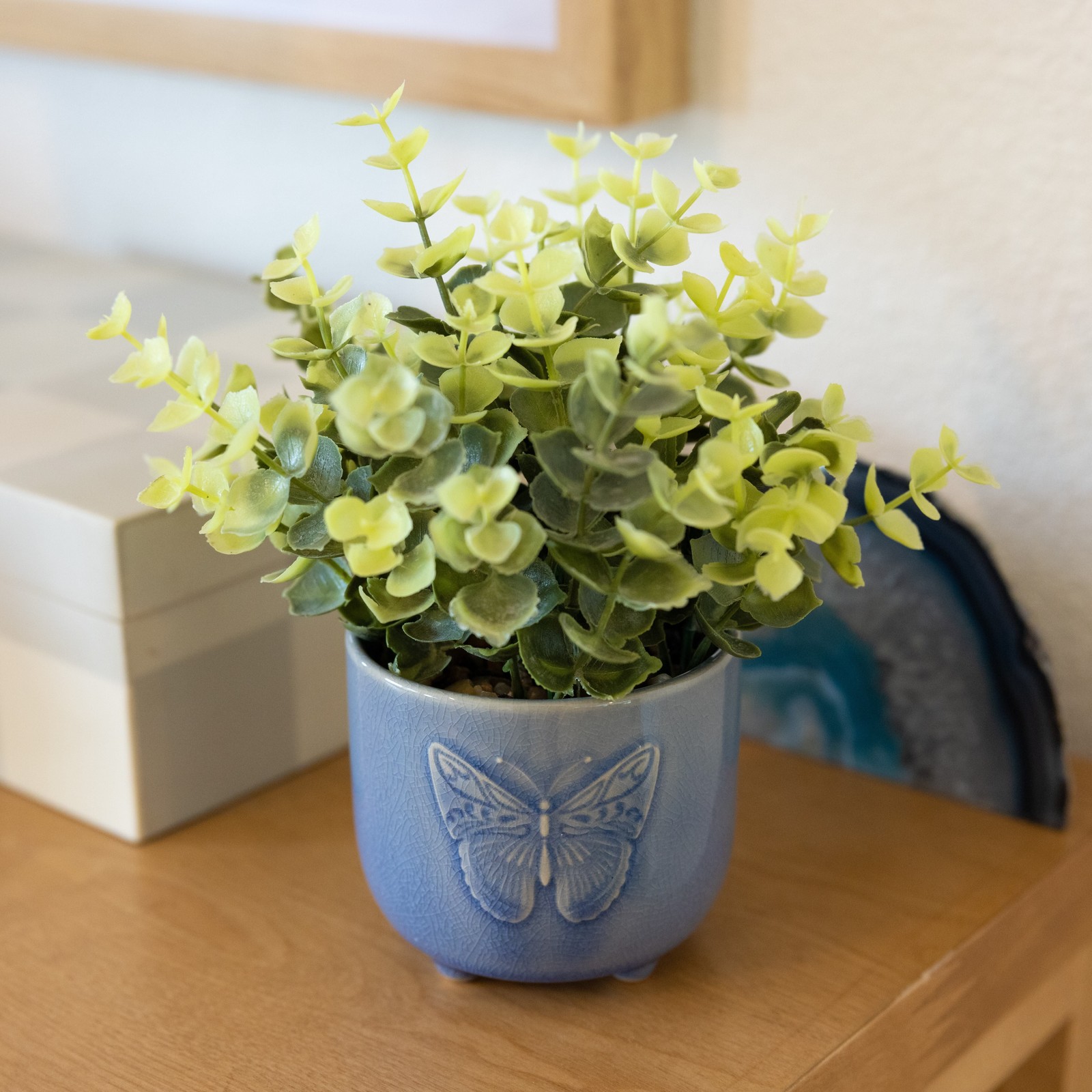 Mainstays 3″ Tabletop Artificial Baby Eucalyptus Plant in Blue Ceramic Butterfly