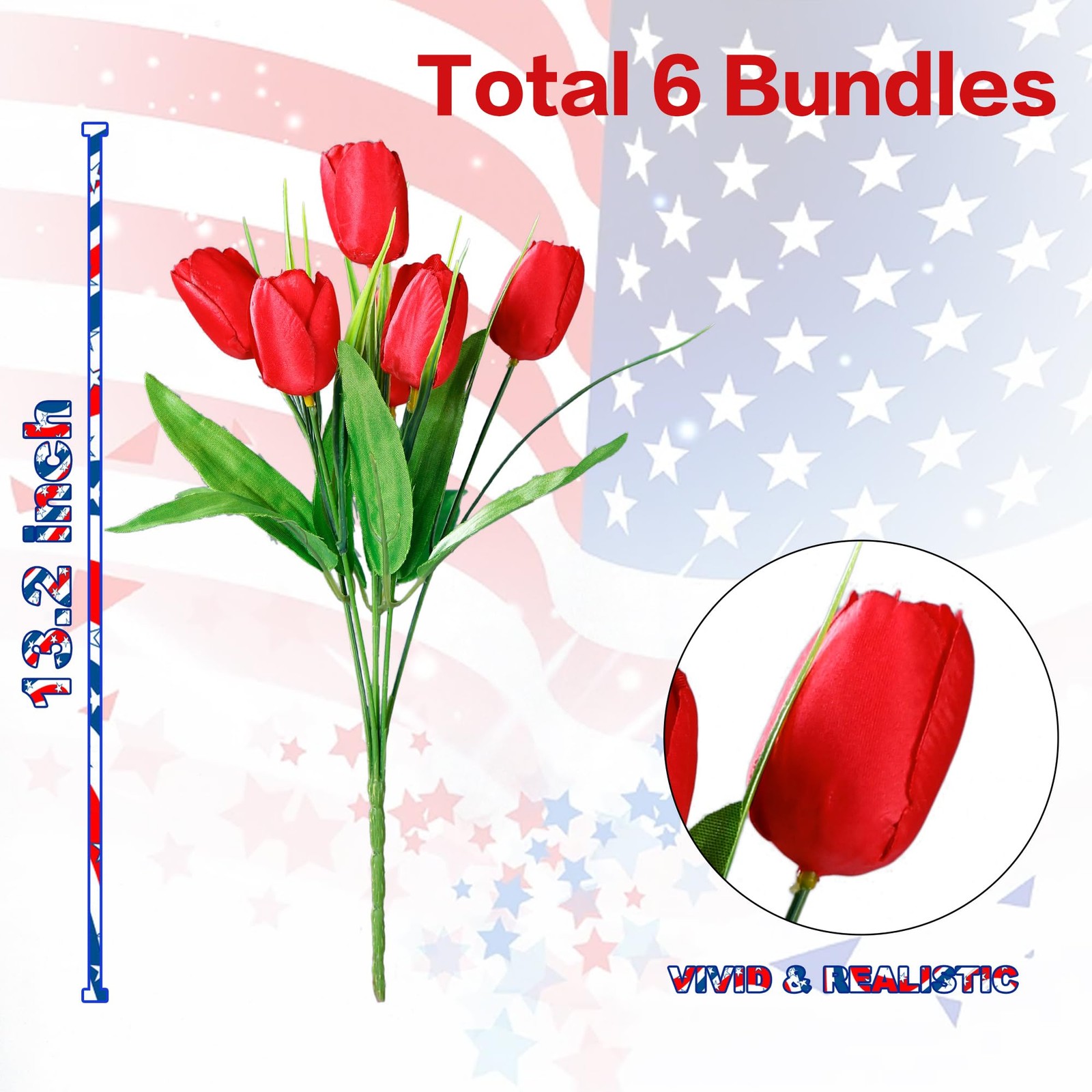 36 Pcs Patriotic Artificial Flowers Memorial Tulips Bouquet Fake Red White an…