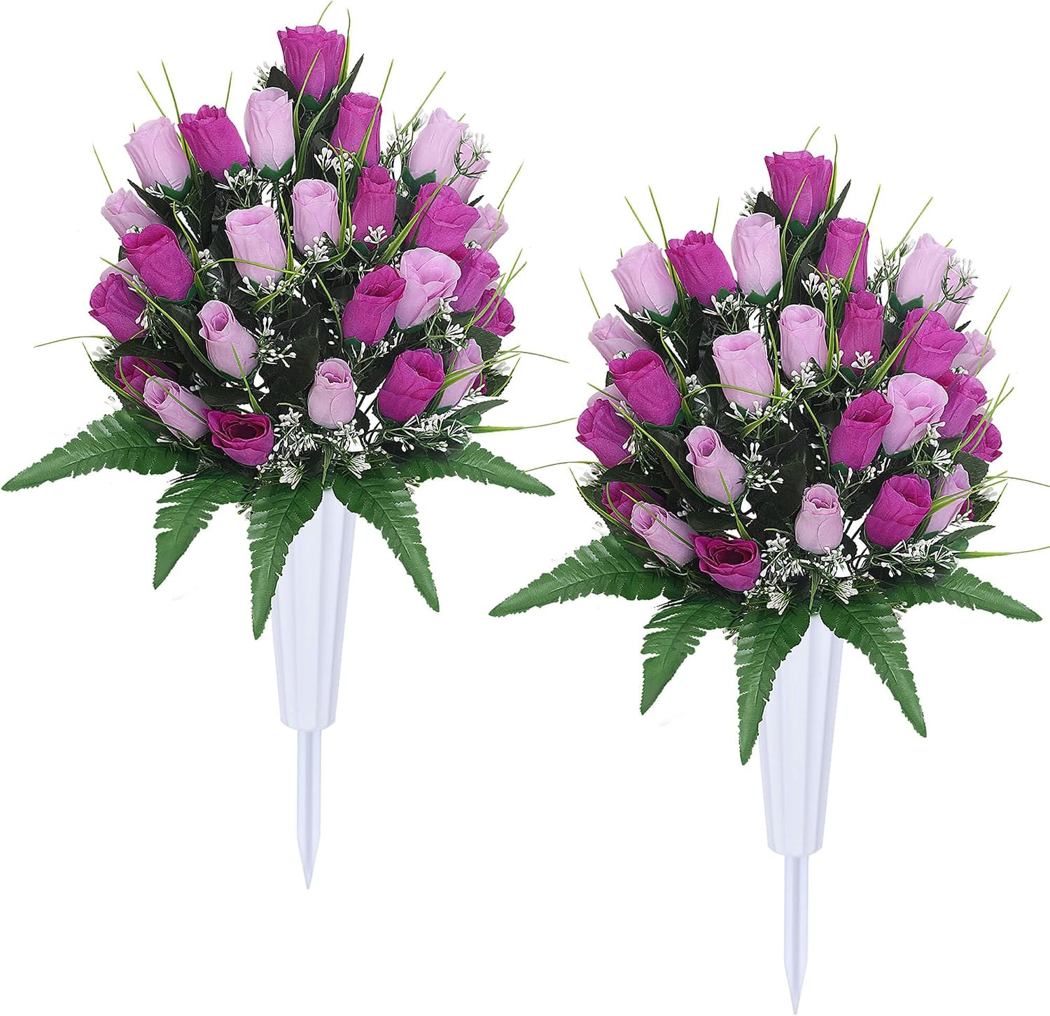 Artificial Cemetery Flowers with Vases 2 Sets Memorial Rose Bouquets for Outdoor
