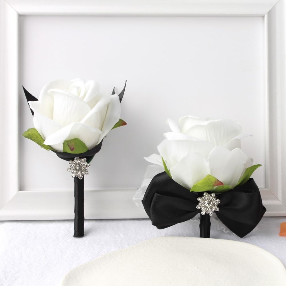 2 PCS Black White Wrist Corsage Rose Boutonniere Set Bride Groom Prom Wedding