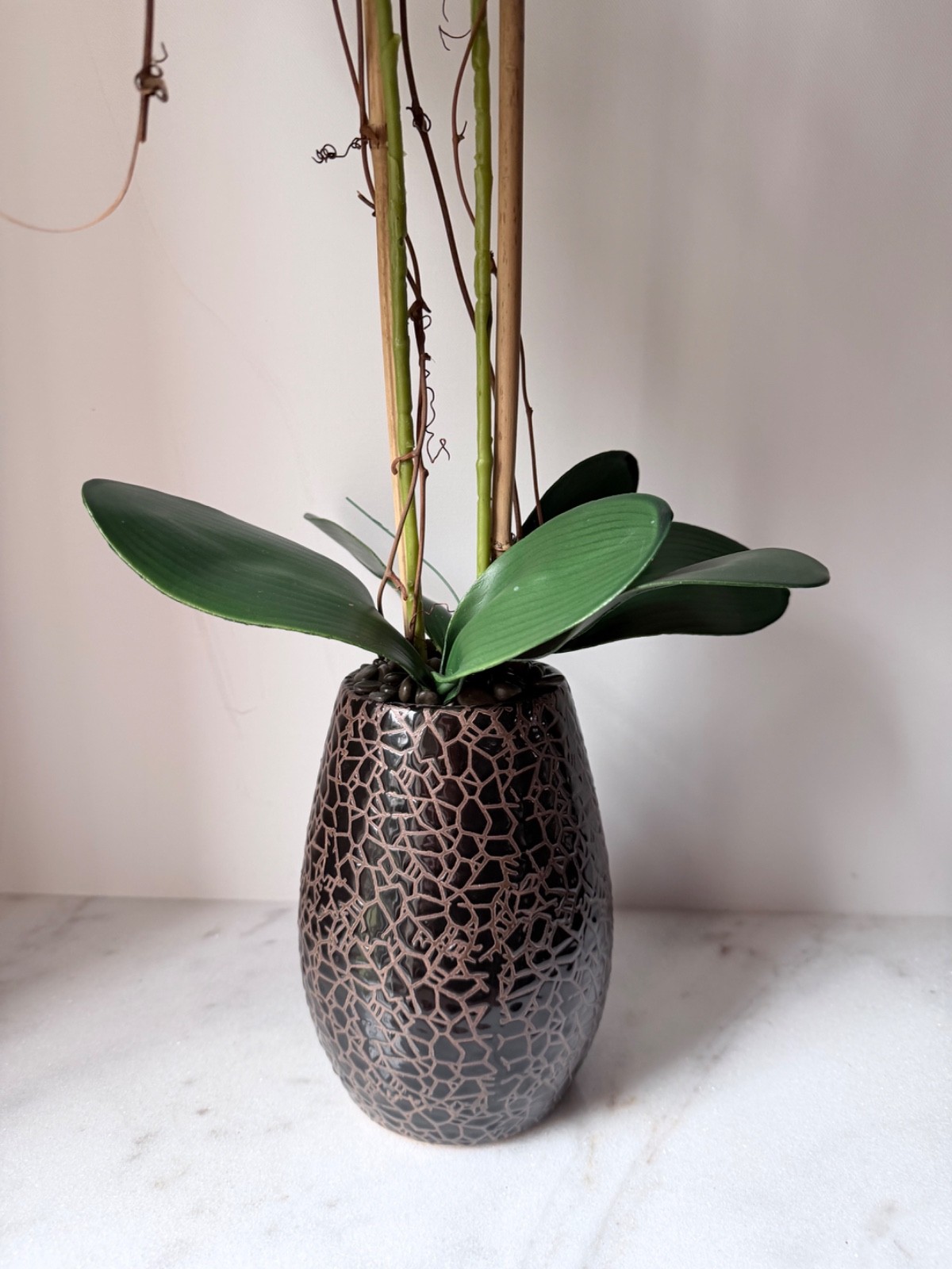 artificial white Phalaenopsis orchid arrangement in a brown textured vase 27”….
