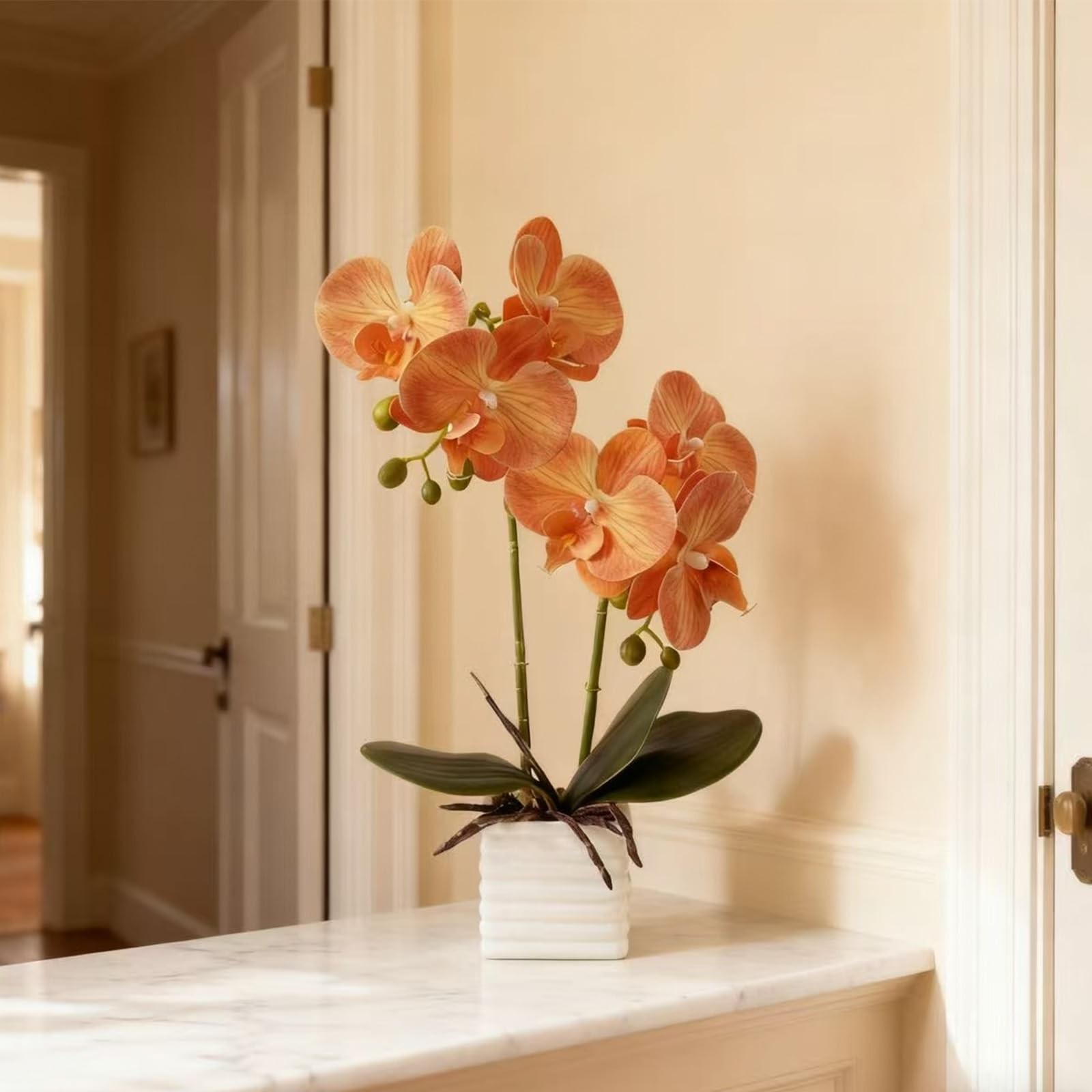 14″ Tall Artificial Indoor Orchids For Home Decor Orange Silk Flowers Vase