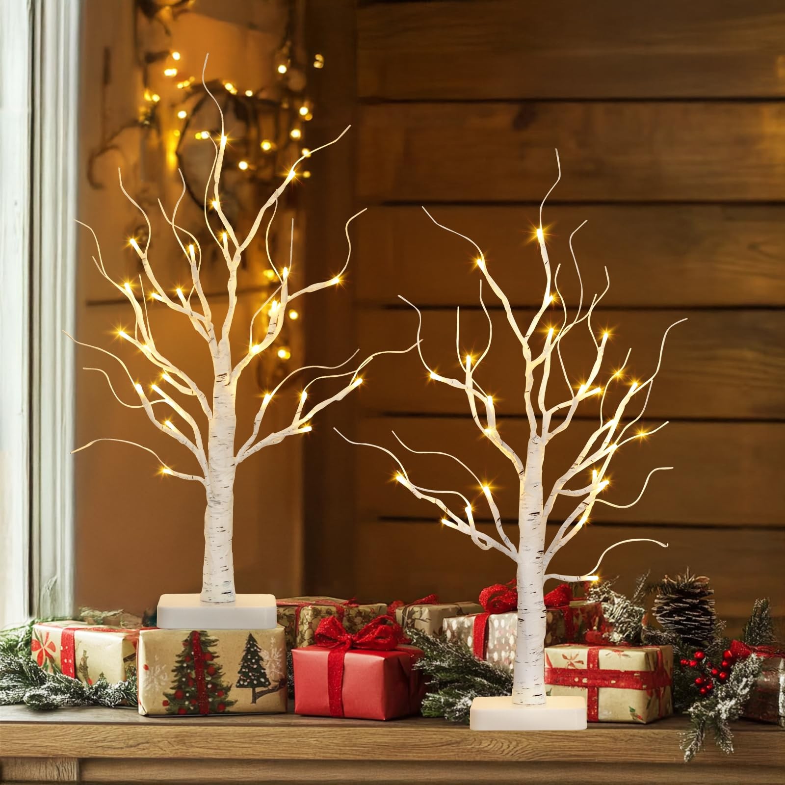 2 PCS Lighted Birch Tree 24 LED Tabletop Centerpiece Battery Timer Decor