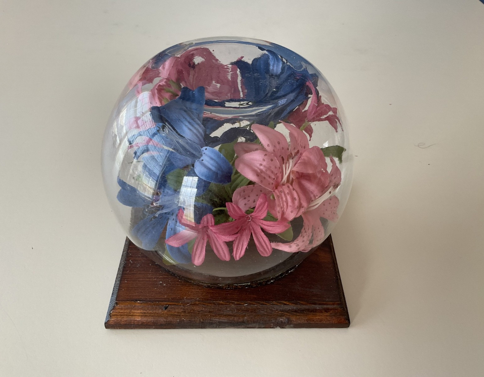 Faux Flowers Clear Dome Cover Wood Base Centerpiece Decor Blue/Pink Floral