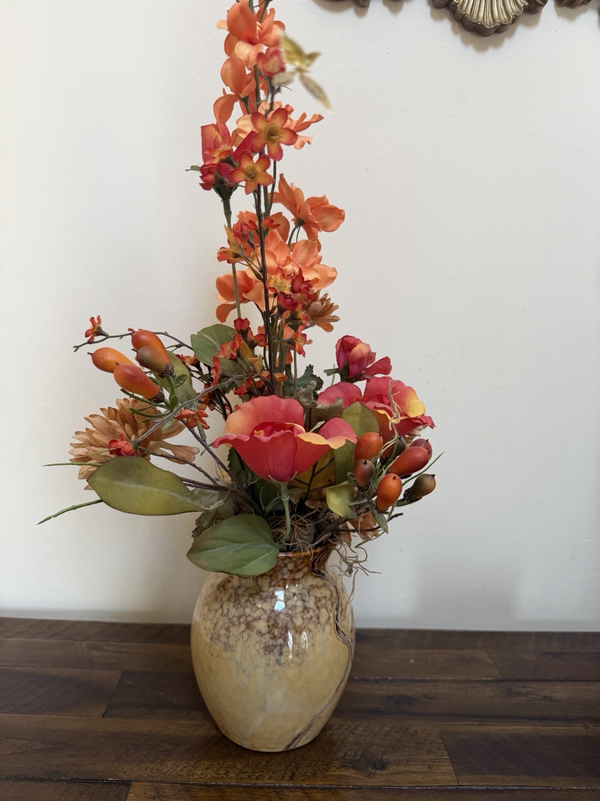 Professional Artificial Floral Arrangement Ceramic Vase Orange Centerpiece Decor
