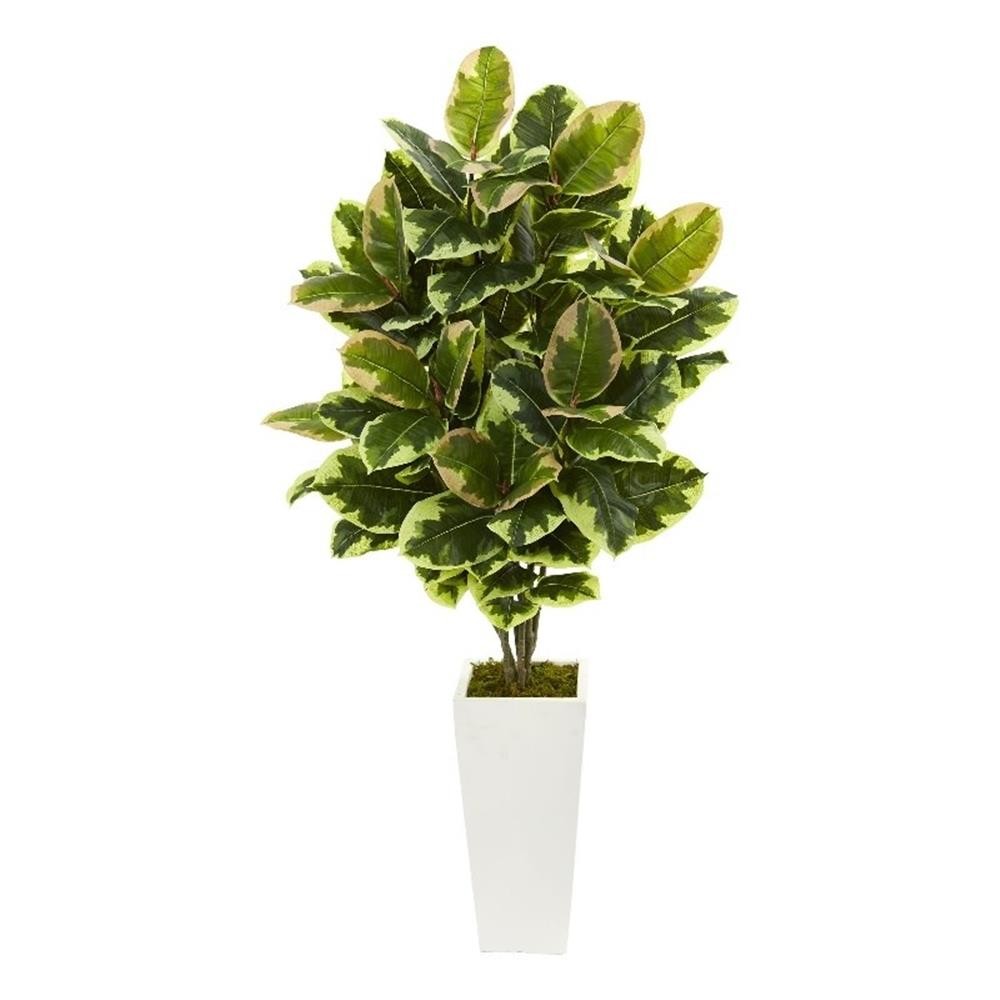 Variegated Rubber Leaf Artificial Plant in White Tower Vase in Green/White