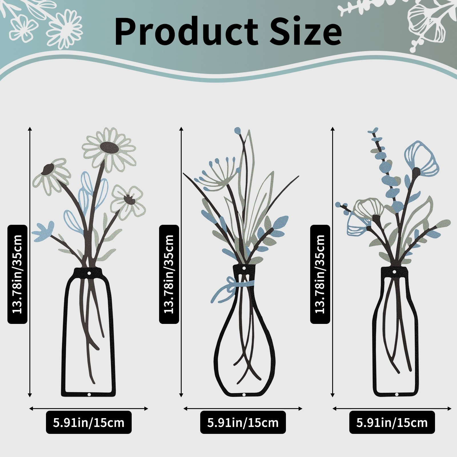 3 Pieces Metal Flowers Wall Arts – Rustic Decor Minimalist Flower Wall Decors