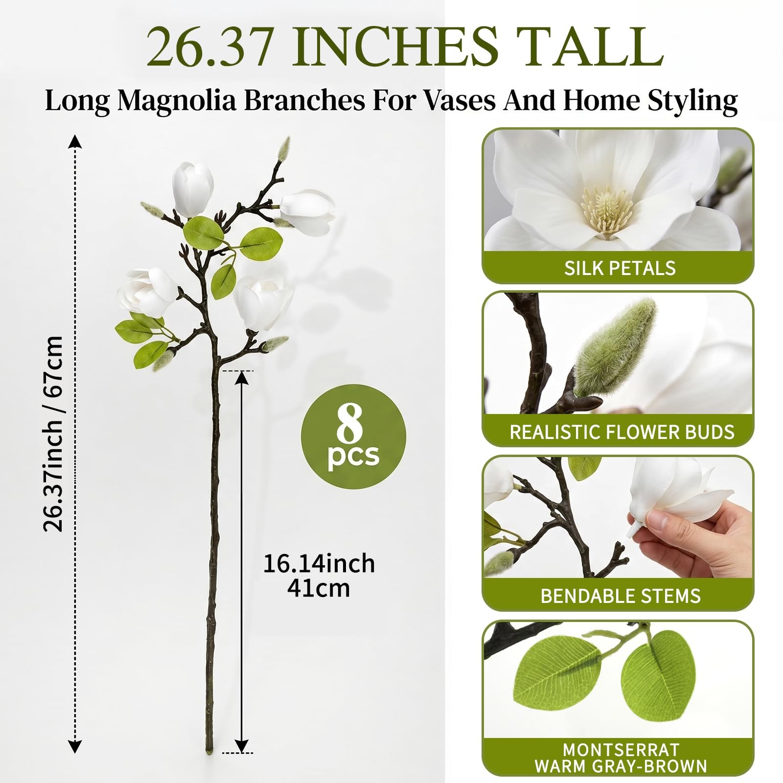 Set of 4 Artificial Magnolia Flowers, 25 Inch White Fake Flowers Branches | R…