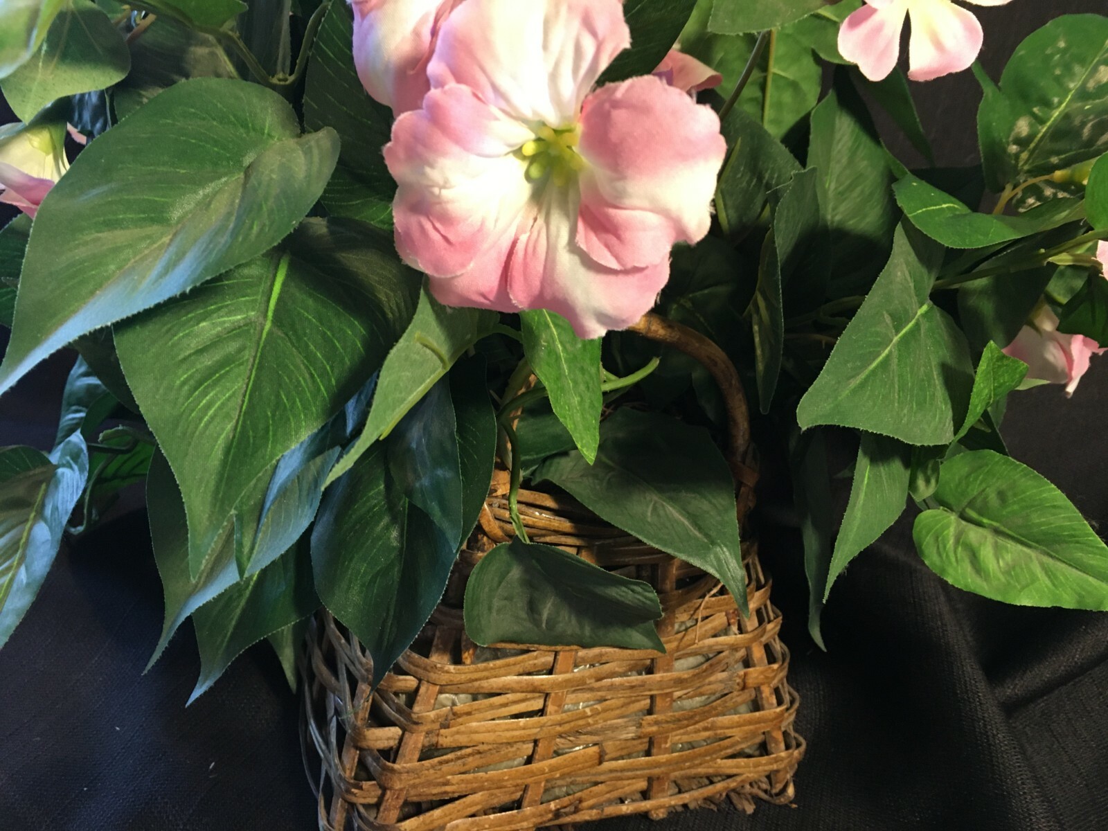 Faux Silk Pink Petunia Greenery In Brown Wicker Basket