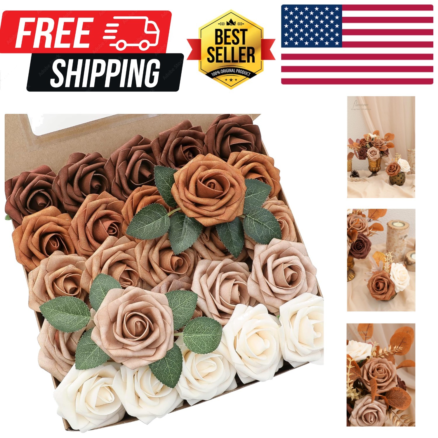 Artificial Flowers 25pcs Real Looking Earth Tones Ombre Colors Foam Fake Rose…