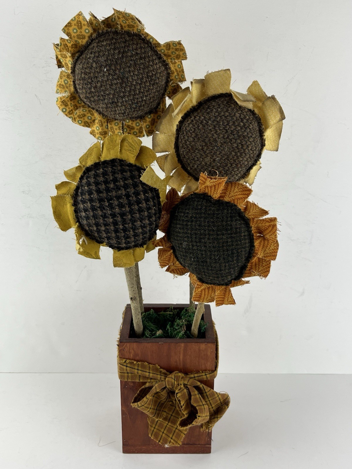Primitive Fabric Sunflowers Wood Box Folk Art Farmhouse Rustic Cottagecore