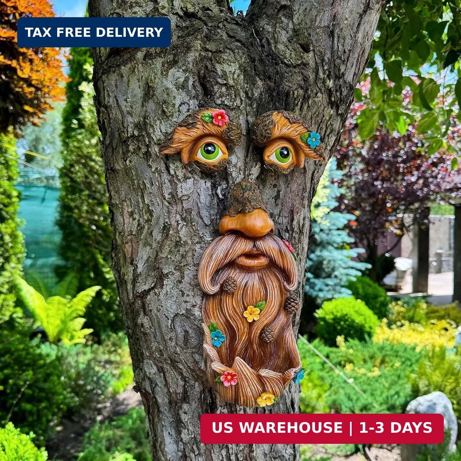 Tree Face Decor with Flowers Outdoor Old Man Face Garden Hugger Yard Statue