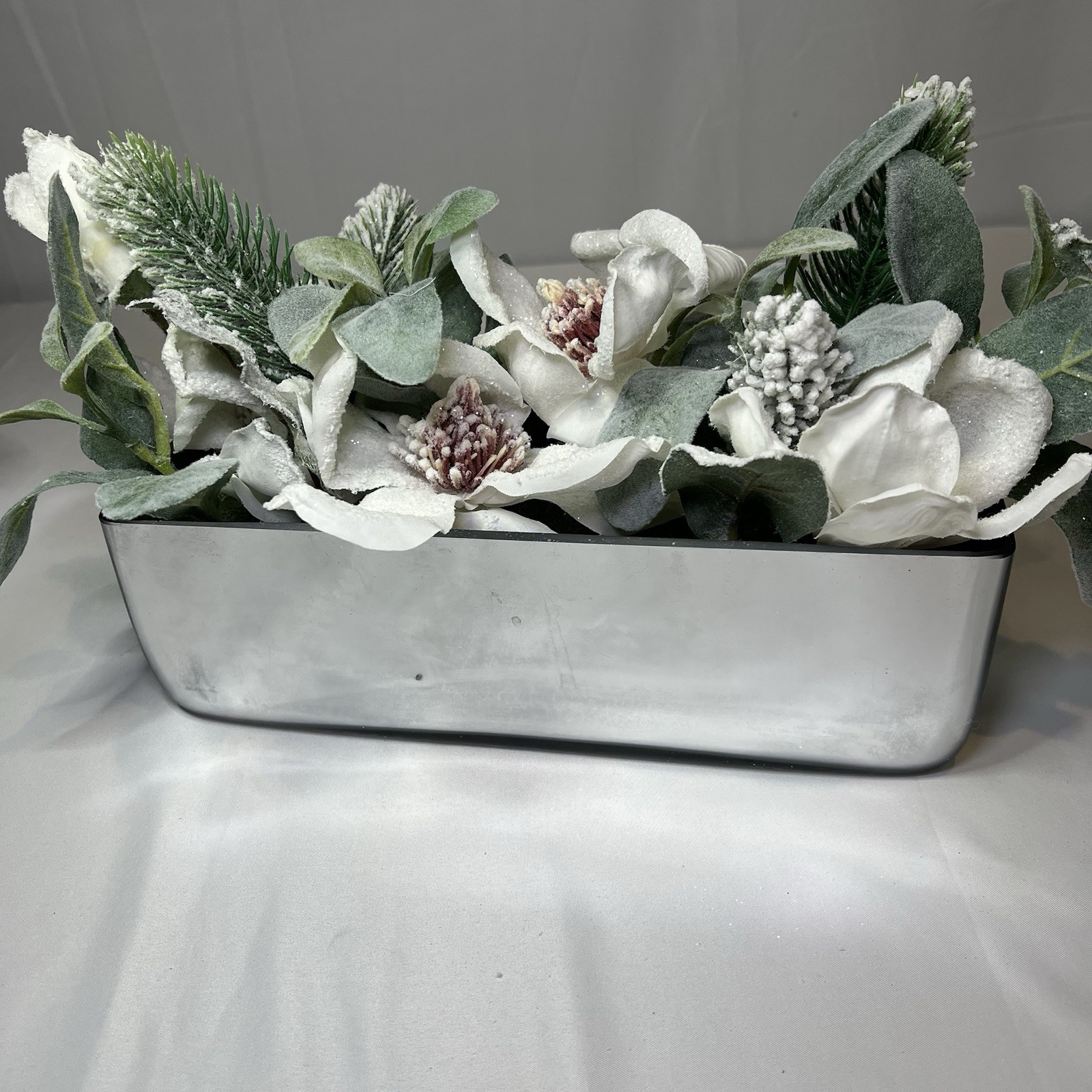 Christmas Magnolia Table Centerpiece Silver Planter Frosted Foliage $75 Winter
