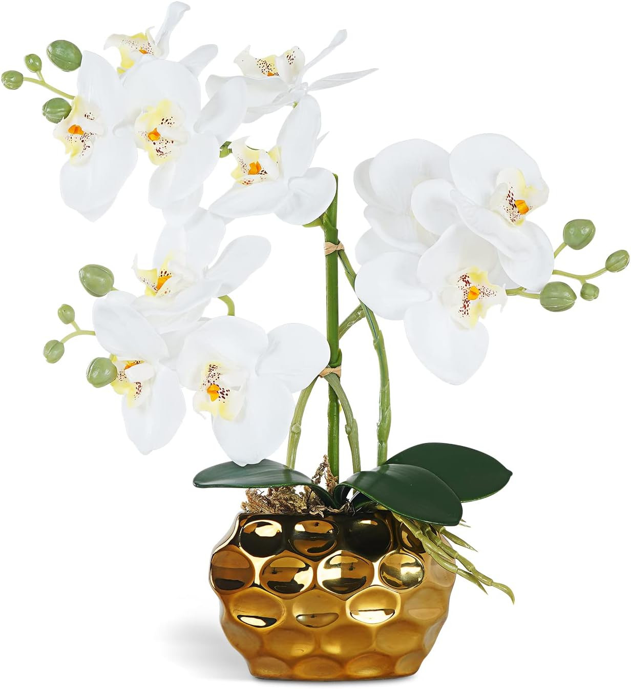 Realistic White Faux Orchid Arrangement in Ceramic Pot for Home Decor