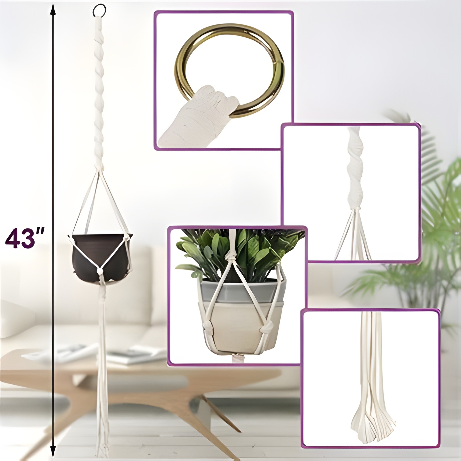 Macrame Plant Hanger 3 Pack with Hooks – Cotton Rope Hanging Planters