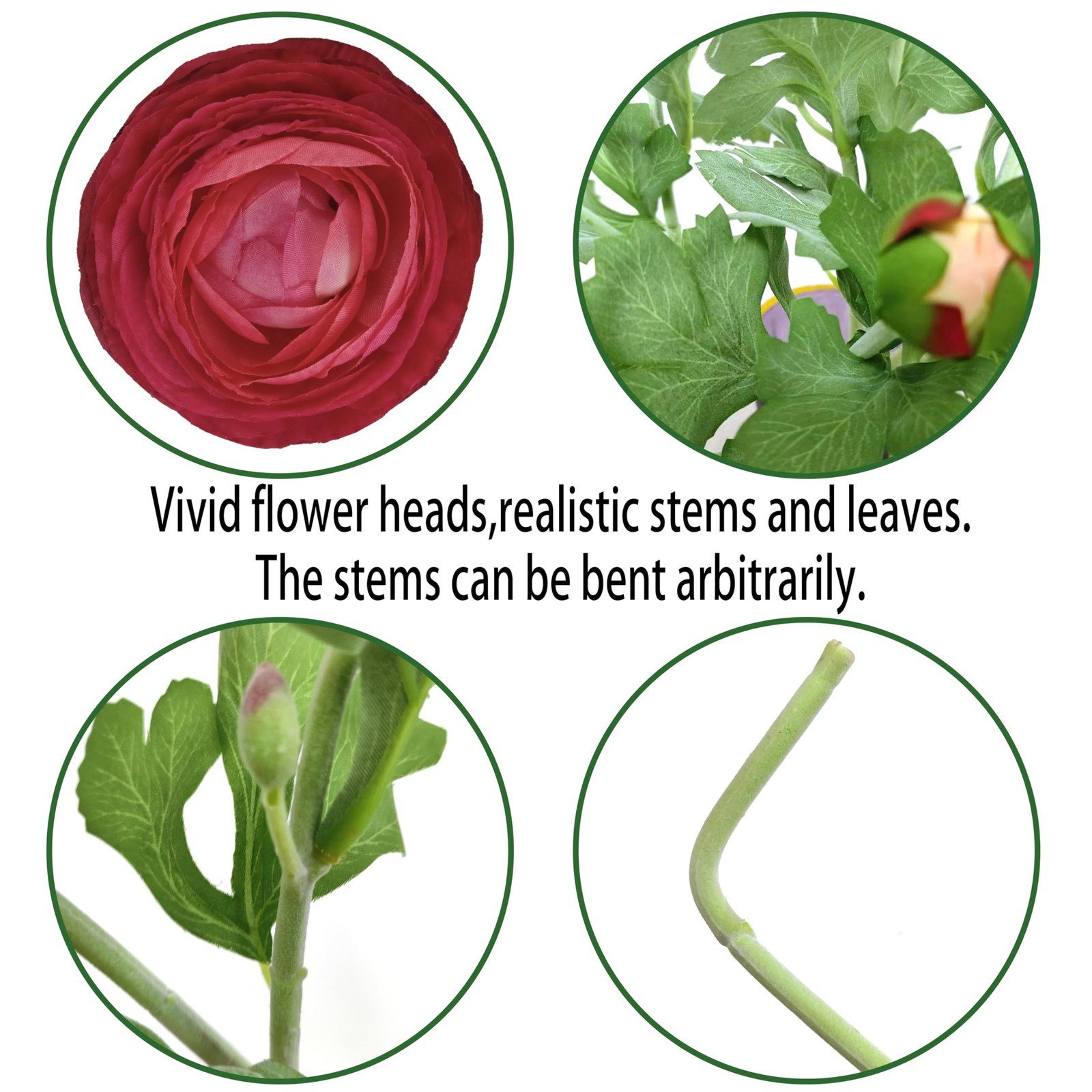 6 Pcs Purplish Red Ranunculus Artificial Flowers,Artificial Faux Silk Ranuncu…