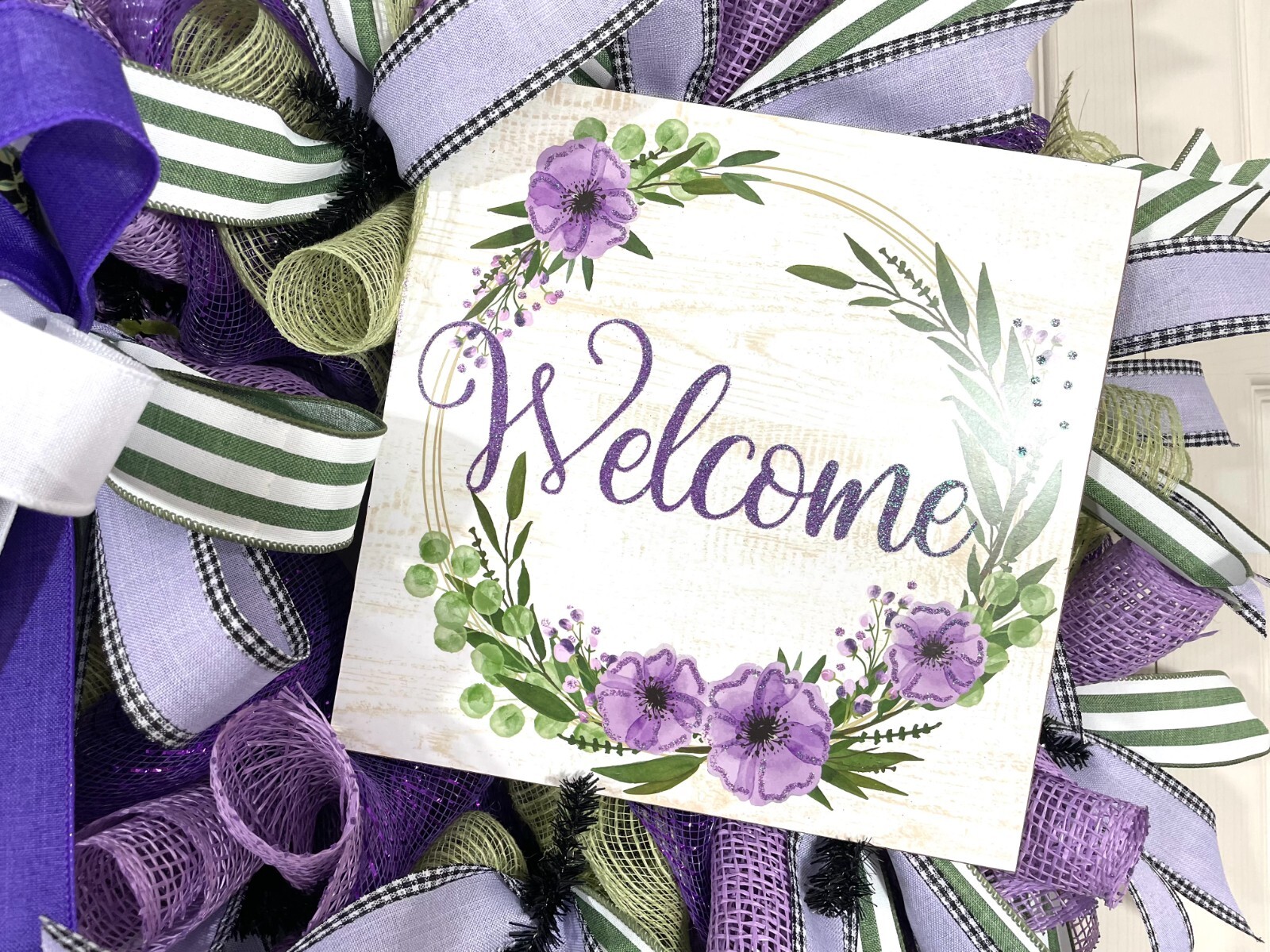 High-End Purple “Welcome” Door Wreath, 24″ diameter with 10″x10″ wood sign