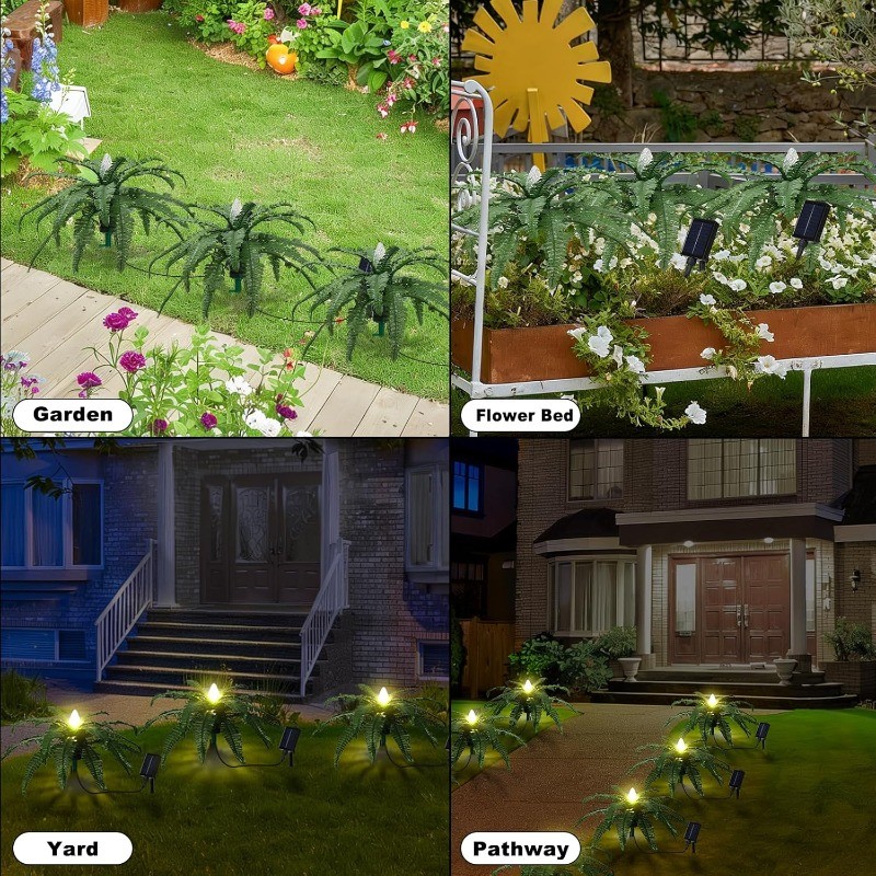 2PCS Artificial Plants w/Solar Lights, Fake Prelit Boston Ferns for Yard Patio
