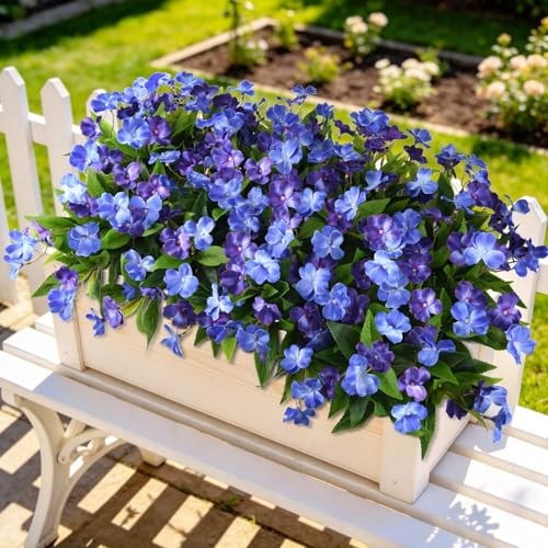 Artificial Fake Flowers for Outdoor, 6 Bundles UV Resistant Dark&light Blue