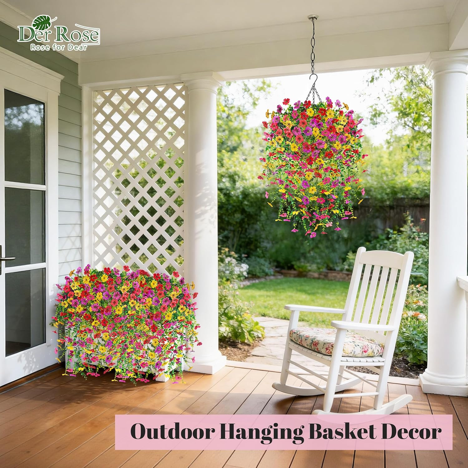 Artificial Hanging Flower Basket for Outdoors Fake Hanging Flowers Plants with 4