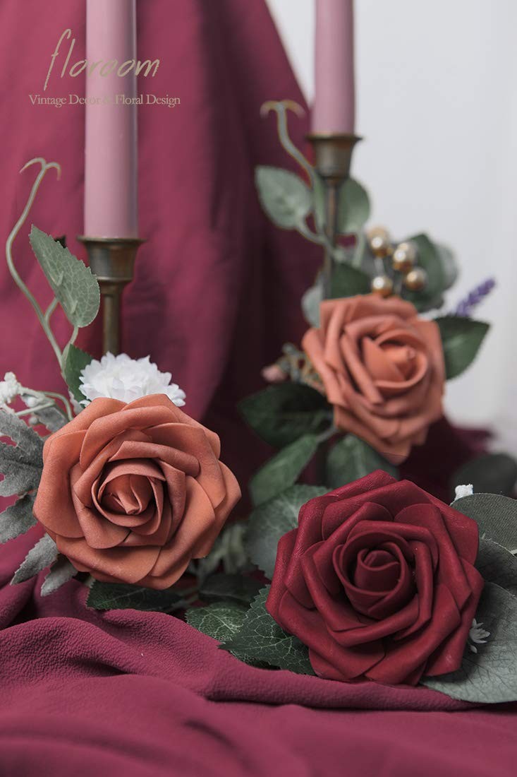 Floroom Artificial Flowers 25pcs Real Looking Burgundy Foam Fake Roses with S…