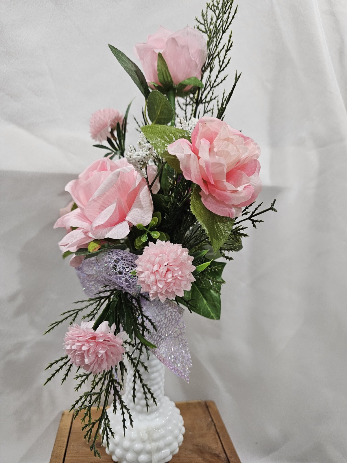 Artificial Pink Rose Flowers in beautiful Milkglass Hobnail Vase w/airy greenery