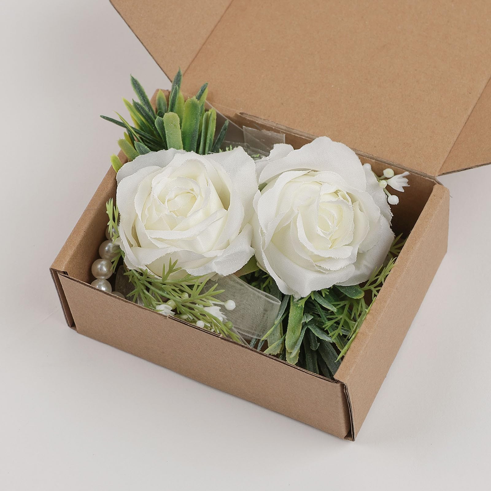 2 PCS Wrist Corsage Boutonniere Set Artificial Flowers Suit Prom White1