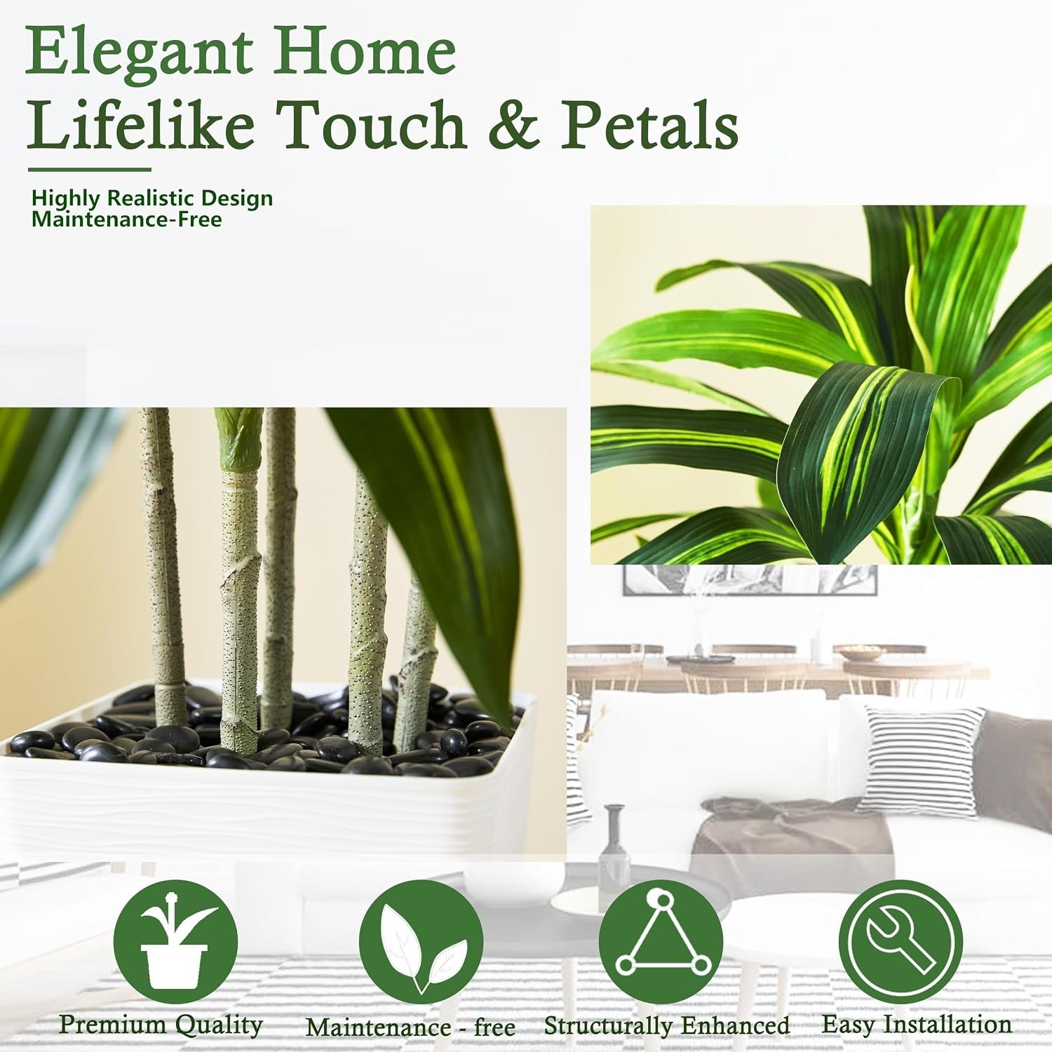 Weather Resistant 6FT Dracaena Tree with Decorative Pebbles – All-Season Appeal