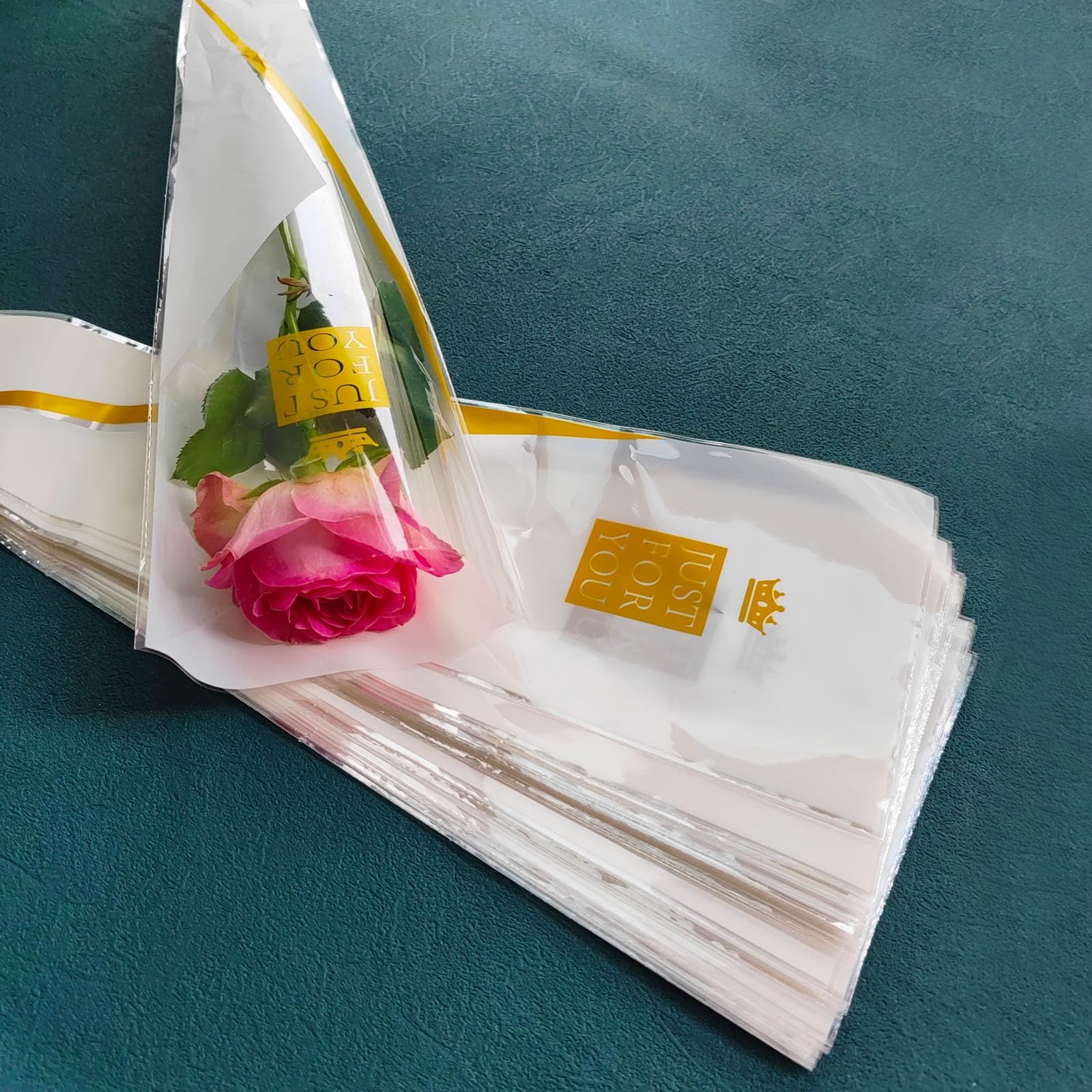 50 Pcs Clear Single Rose Sleeves Flower Bouquet Packaging Bags Plastic White