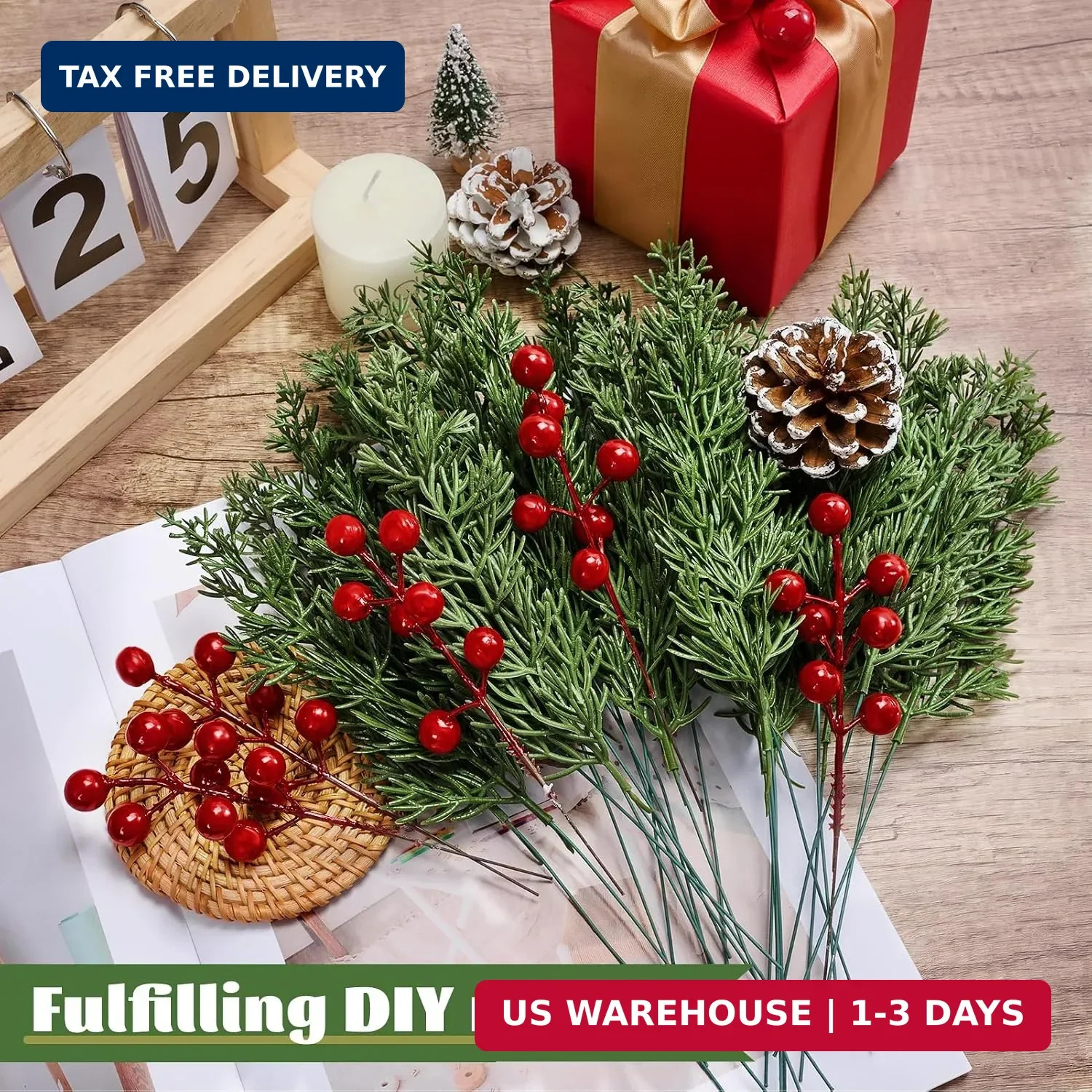 45Pcs Artificial Pine Branches with Red Berry Stems,Christmas Faux Green Cedar S