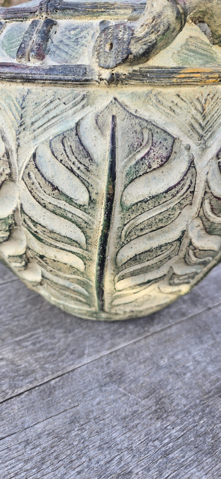 Rustic Urn Vase Earthenware Pottery Botanical Leaf Handles 12″T Brownish Green