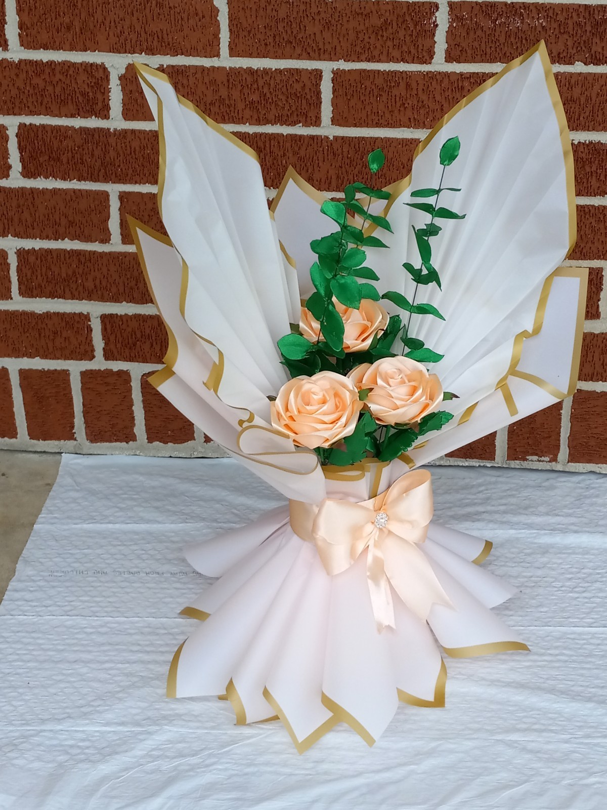 Eternal Roses, Flower made by hand, color peachish, with green stem and leaves