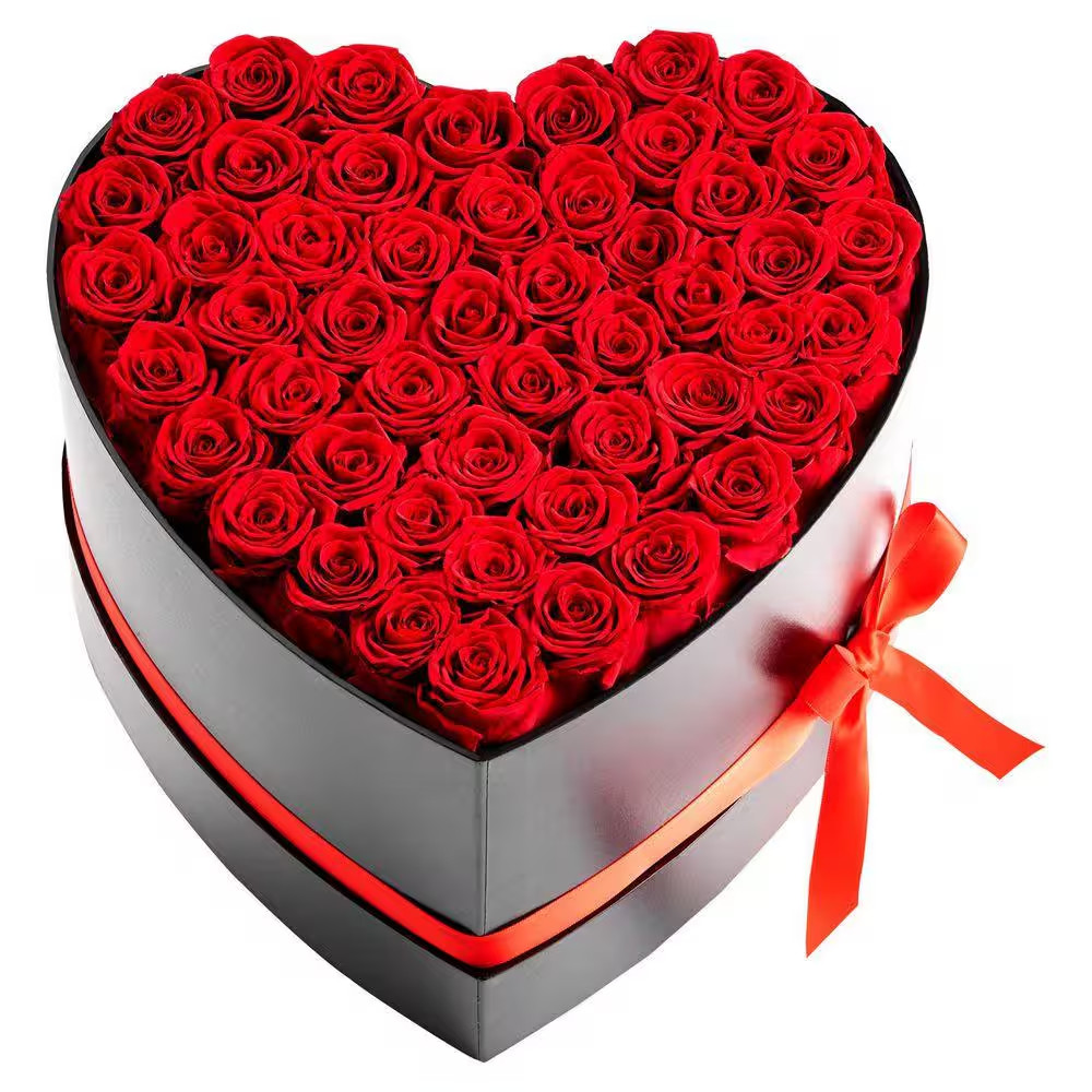 50 Preserved Roses in a Heart-Shaped Box, 6.5 In. Red Indoor Artificial Rose in