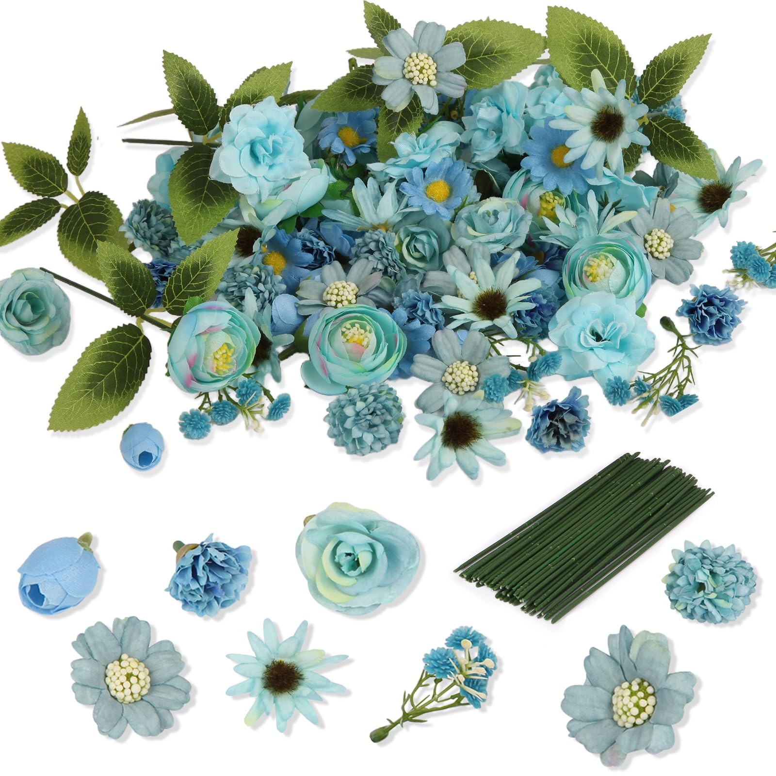 100 PCS Blue Mini Fake Artificial Flower Heads Silk Faux Blossom Hair Crafts