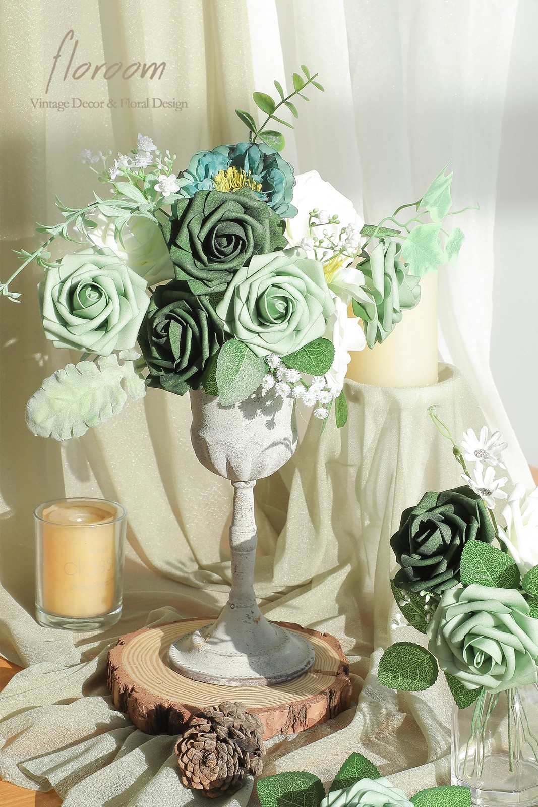 Artificial Flowers 25pcs Real Looking Sage Green & Emerald Green Foam Fake Ro…