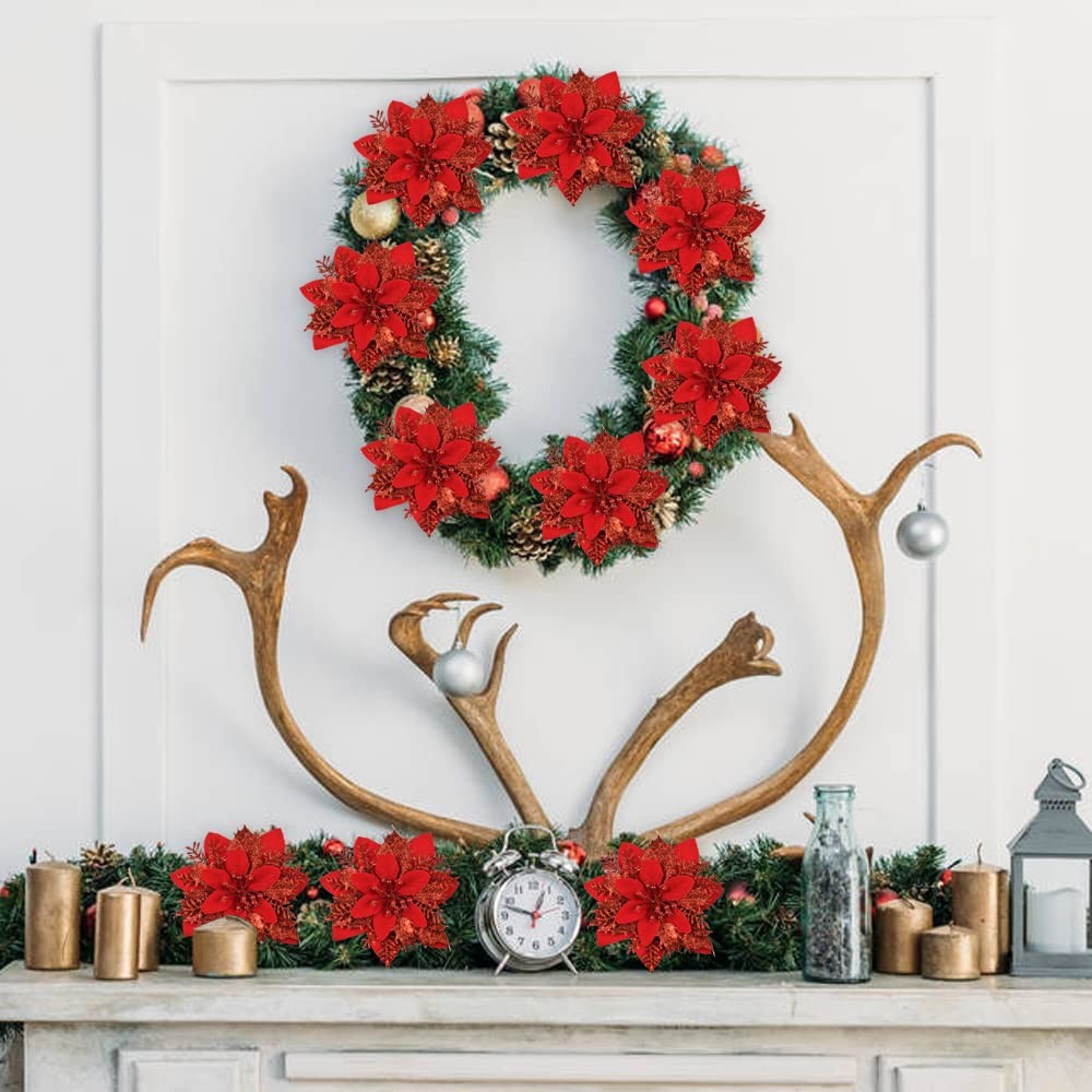 12 PCS Red Christmas Glitter Artificial Poinsettia Flowers Wreath Tree Decor
