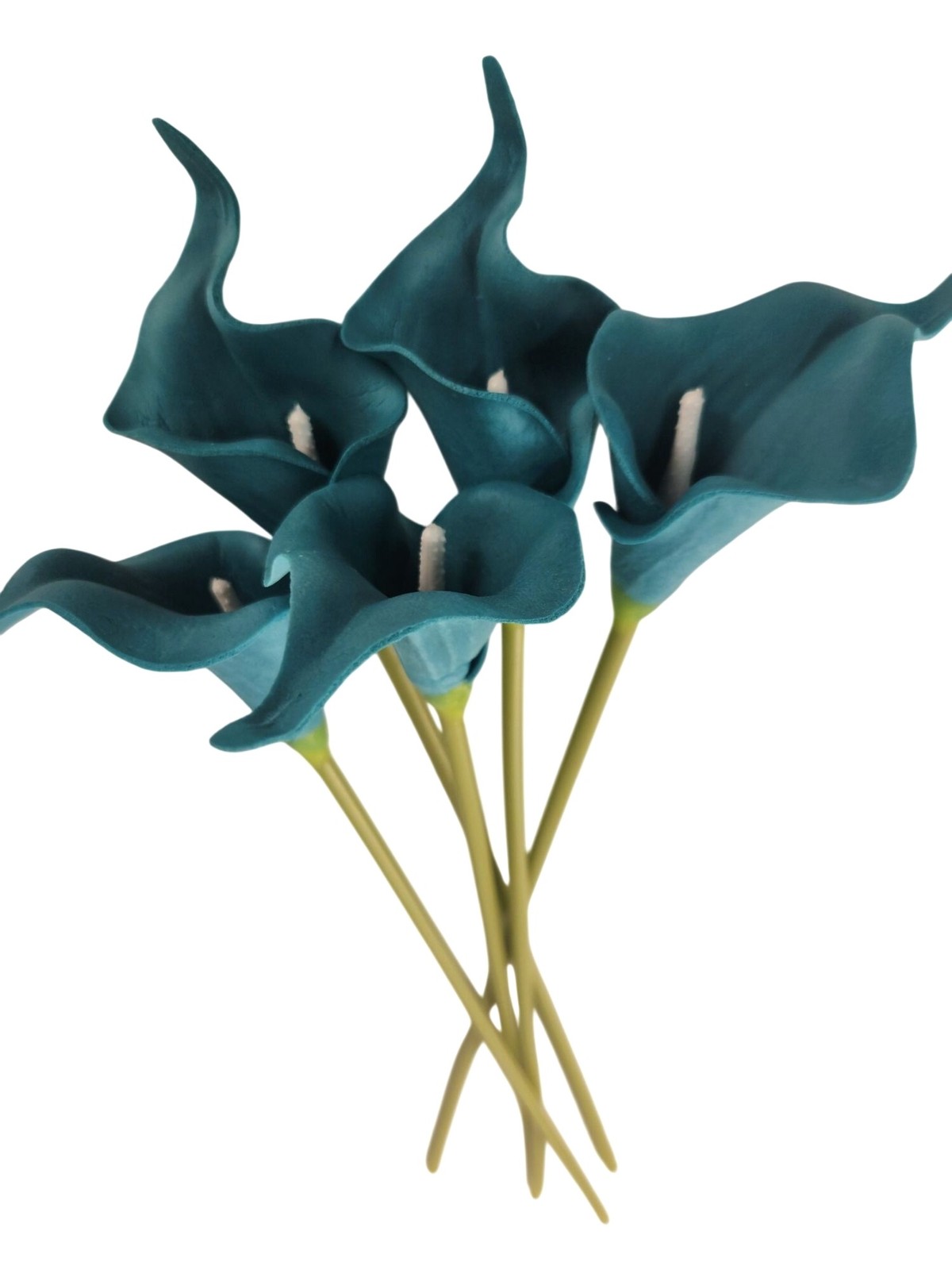 Teal Calla Lily Stems Faux Floral Bouquet Peacock Blue Flowers 5 Stem Bunch Mode