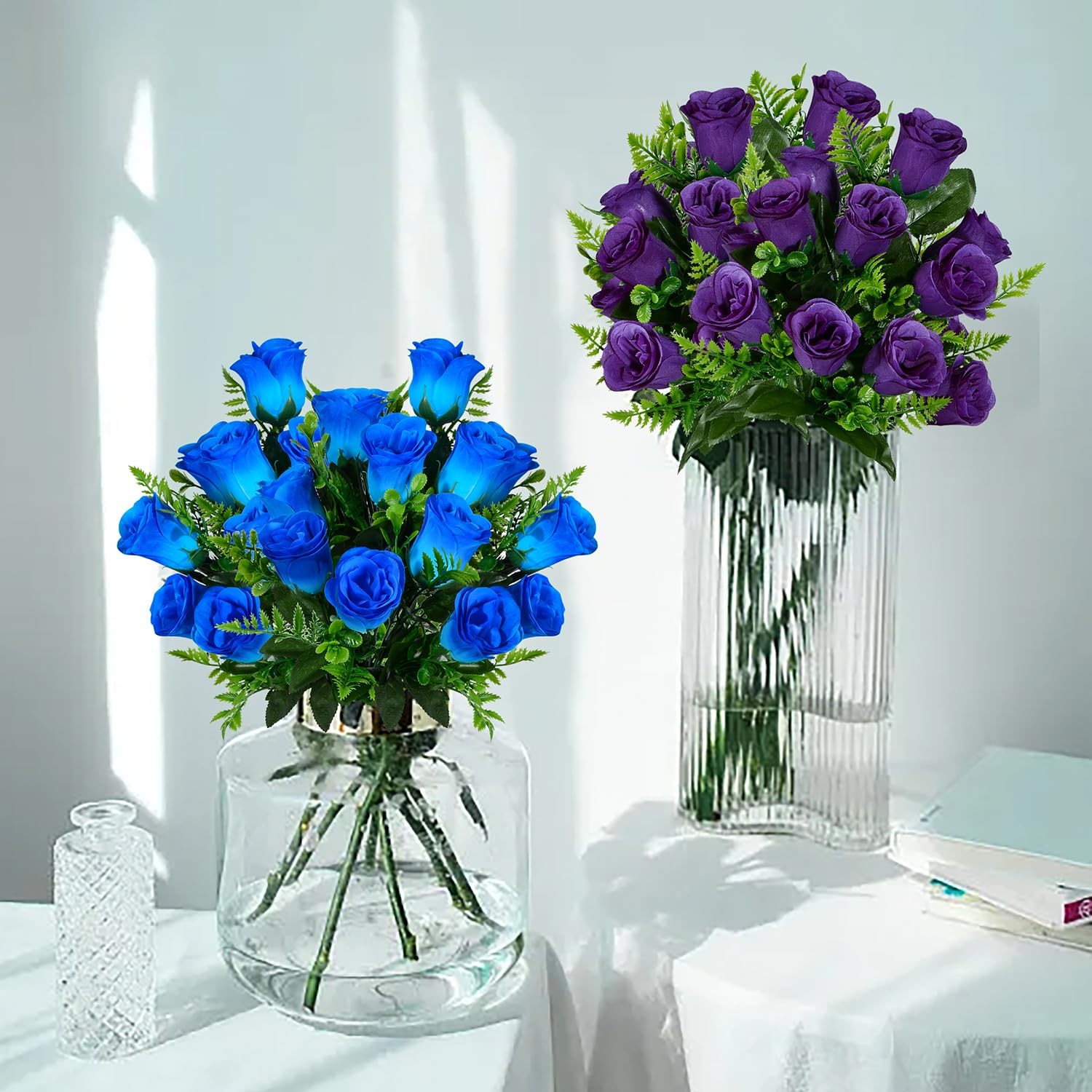 Artificial Rose Flowers Bouquet 4 PCS, Realistic Silk Blue Wedding Cemetery