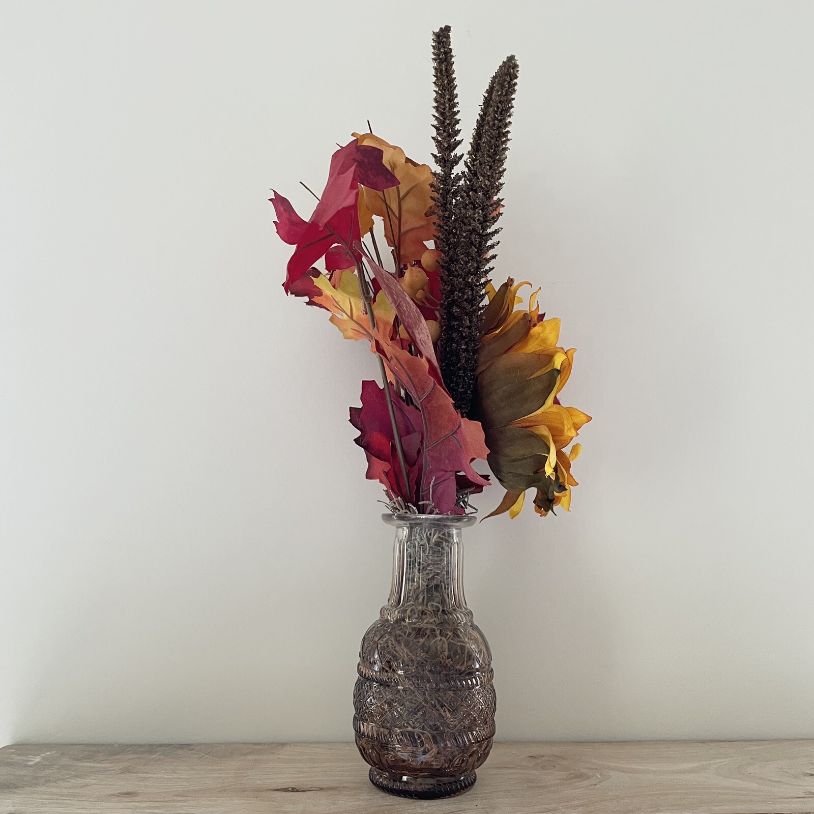 Handmade Artificial Sunflower Fall Leaves Arrangement in Amber Glass Vase