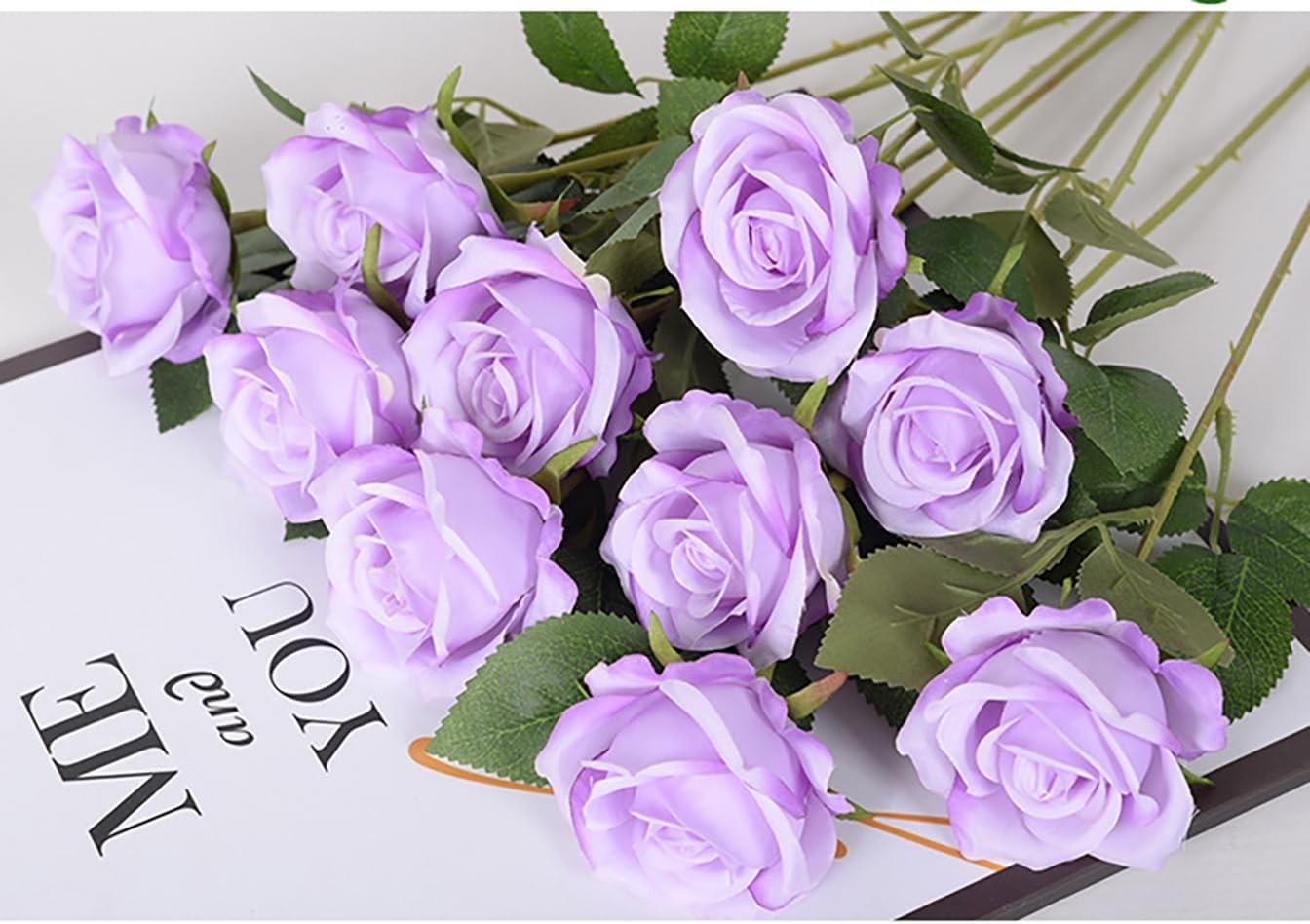 Purple Fake Roses Artificial Flowers 10 Pcs Real Touch Silk Faux Roses with L…