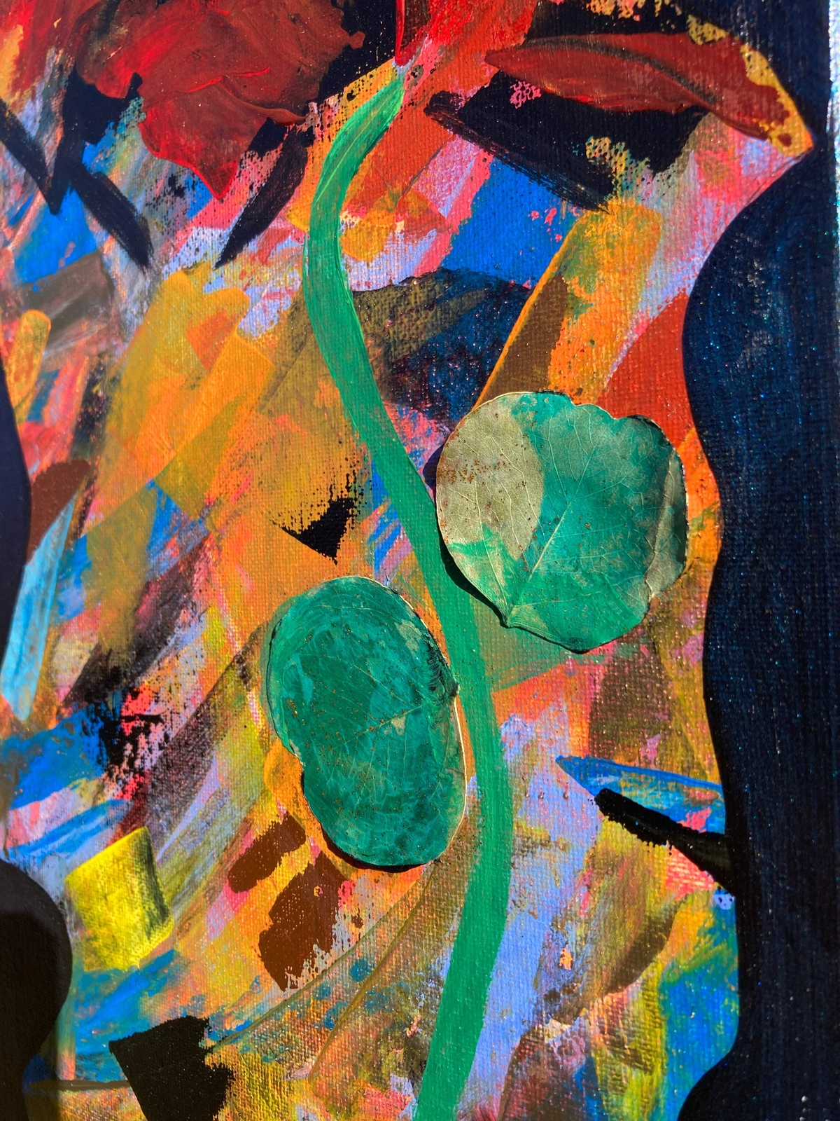 Roses on Black with Eucalyptus, Set of 2 Original Acrylic Scrape on Canvas 10×20