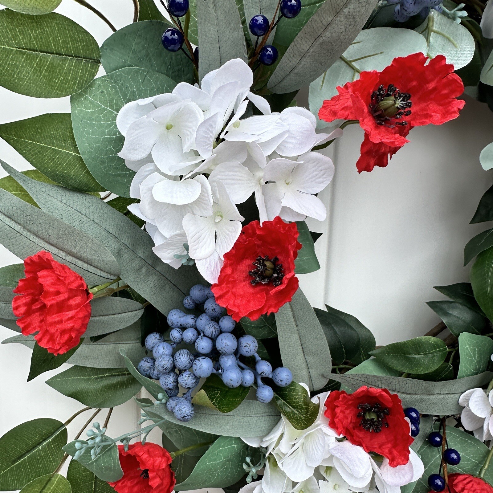 Hydrangea, Red Poppy, Blueberry,and Ficus 22” Wreath