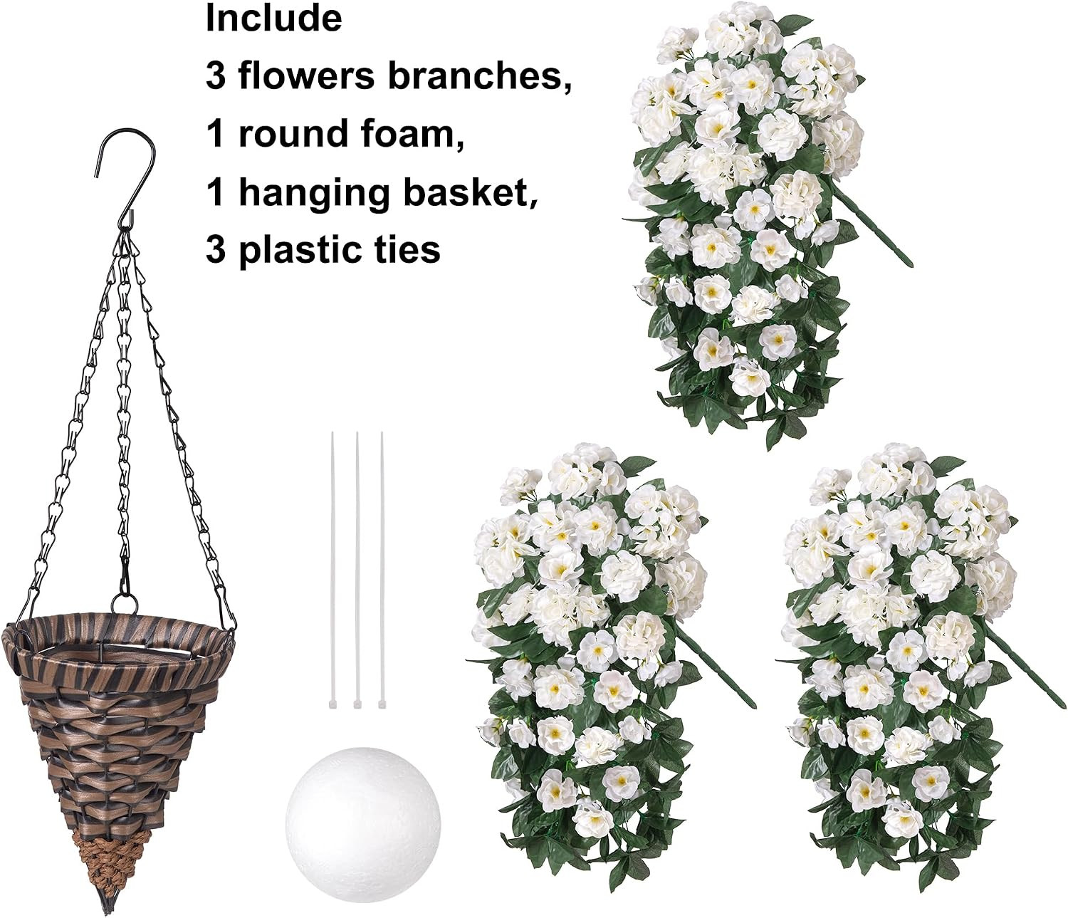 UV Resistant Fake Geraniums Hanging Basket for Outdoor Decor – White