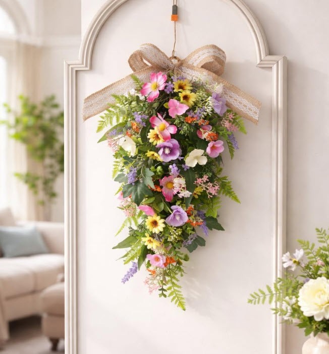 Spring Summer Teardrop Swag for Front Door-Porch-Wall with LED Lights Artificial