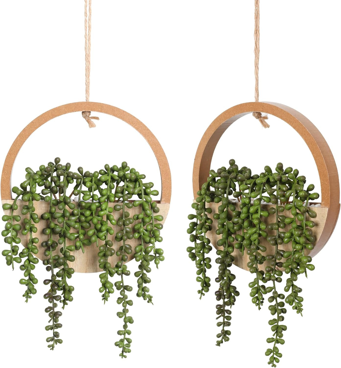 2Pcs Artificial Succulents Hanging Plants 12.2” Fake String of Pearls in Pot wi