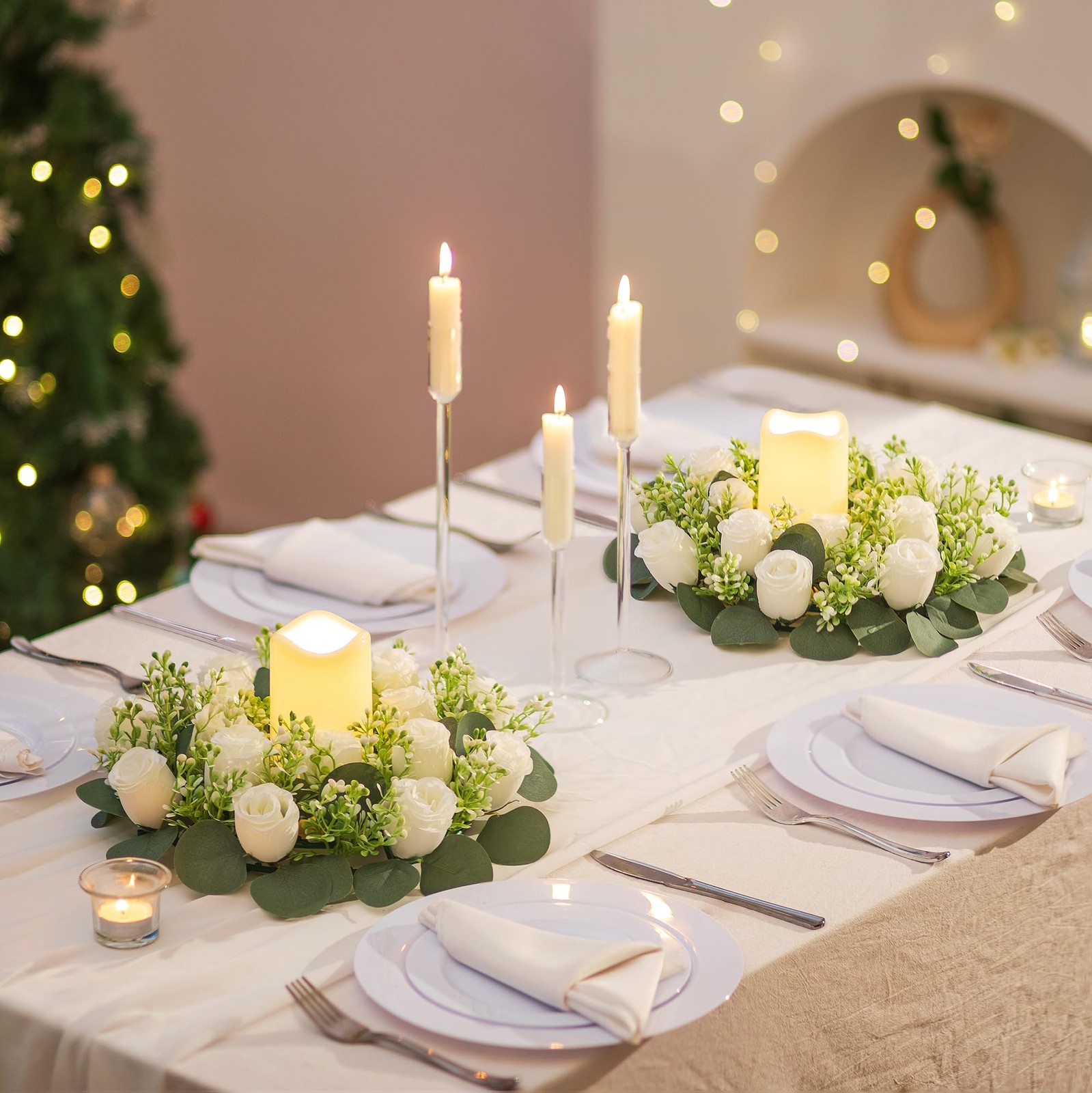 Large White Artificial Rose Candle Rings – 10Pcs Wedding Centerpiece Decor