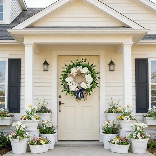 24″ Spring Peony & Eucalyptus Wreath for Front Door – Artificial Flowers White