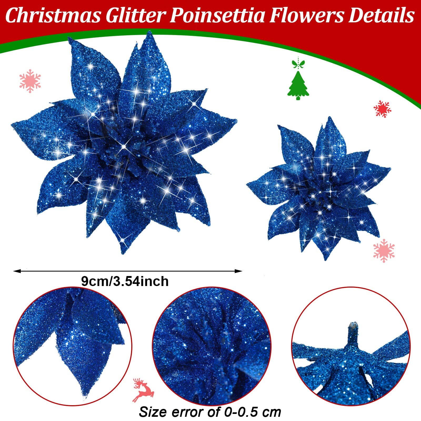 30 Pcs Dark Blue Christmas Glitter Artificial Poinsettia Flower Tree Decoration